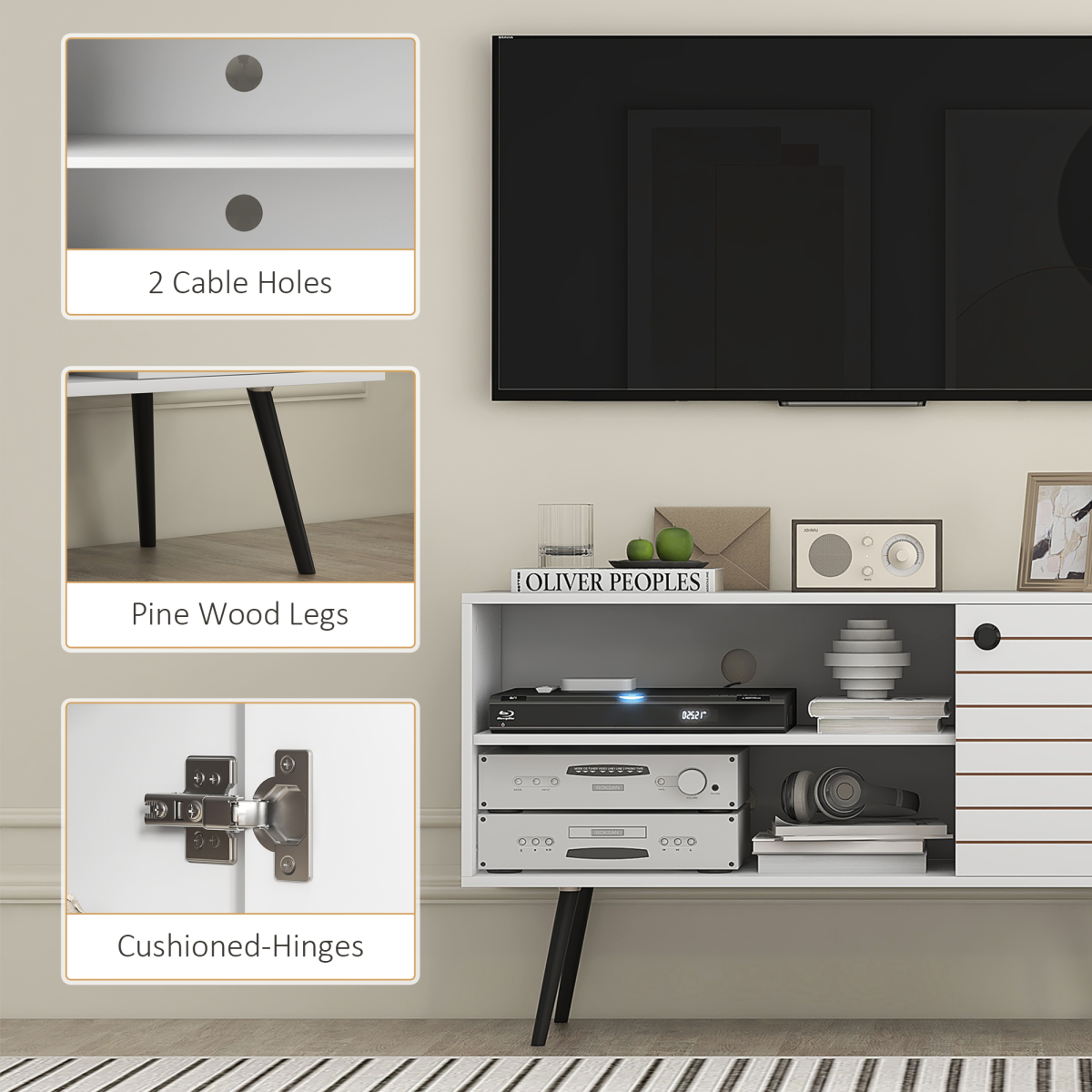Stylish 50" TV Unit with Storage Shelves & Cable Management - White