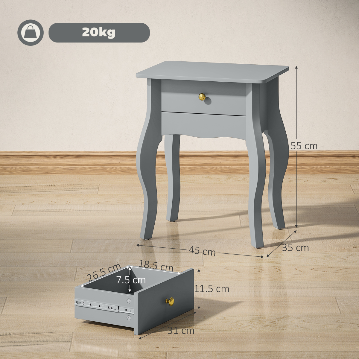 Chic French Style End Table with Drawer & Curved Legs - Grey Elegance
