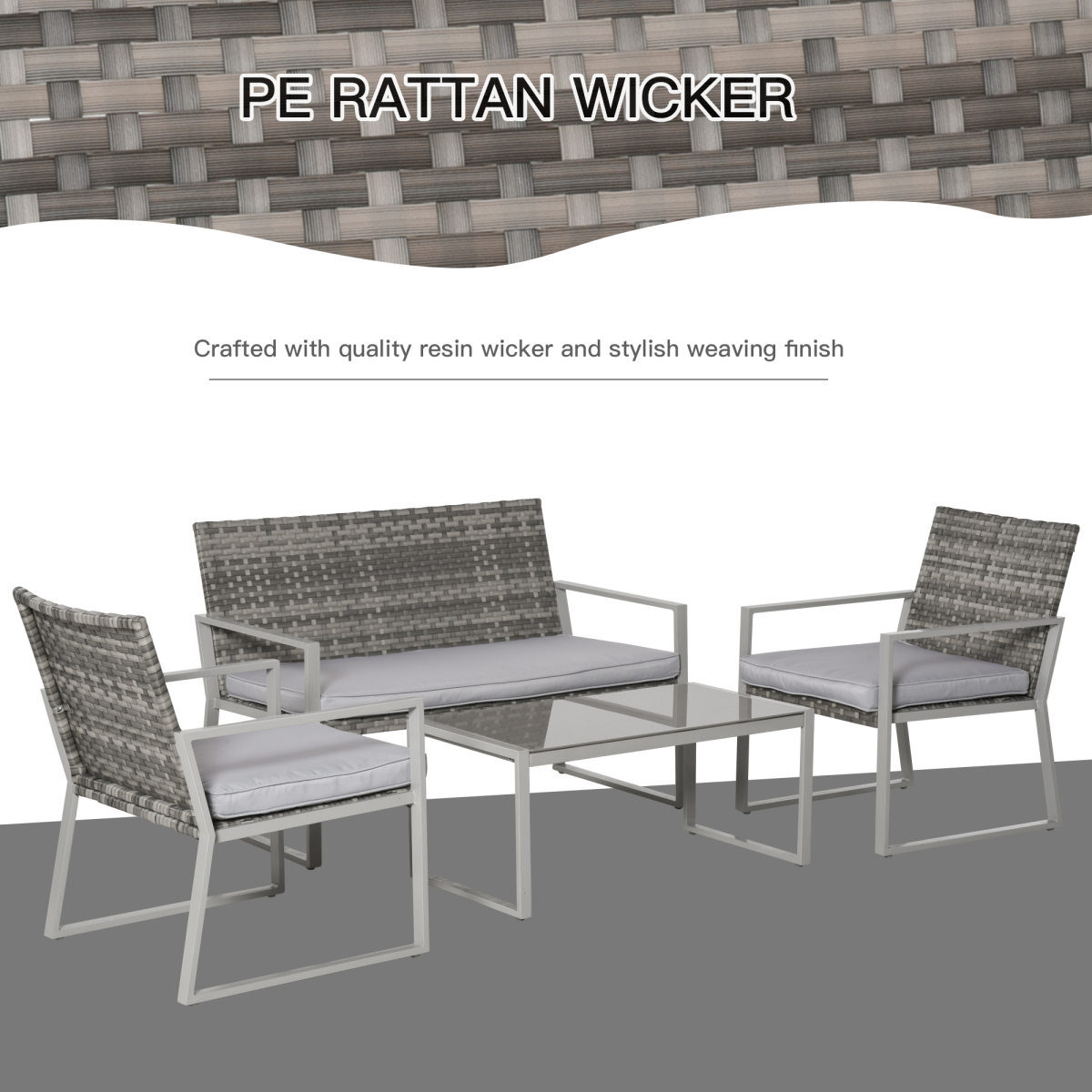 4-Piece Grey Rattan Outdoor Garden Furniture Set - Patio Seating