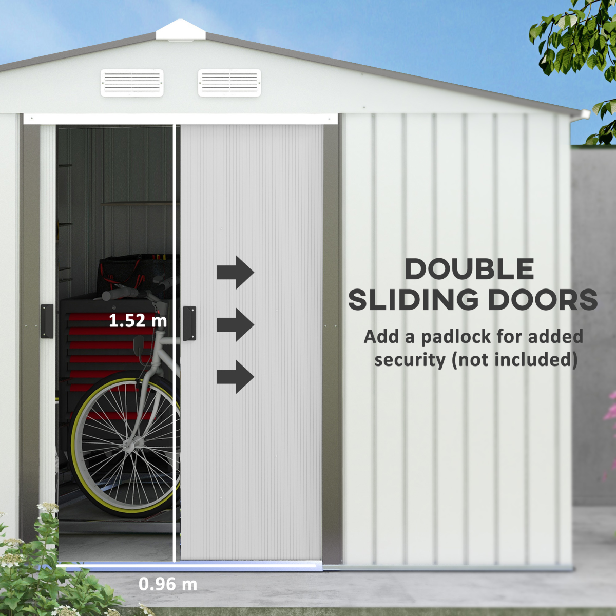 Premium Large Garden Shed Storage with Sliding Doors - Metal Roof, Silver
