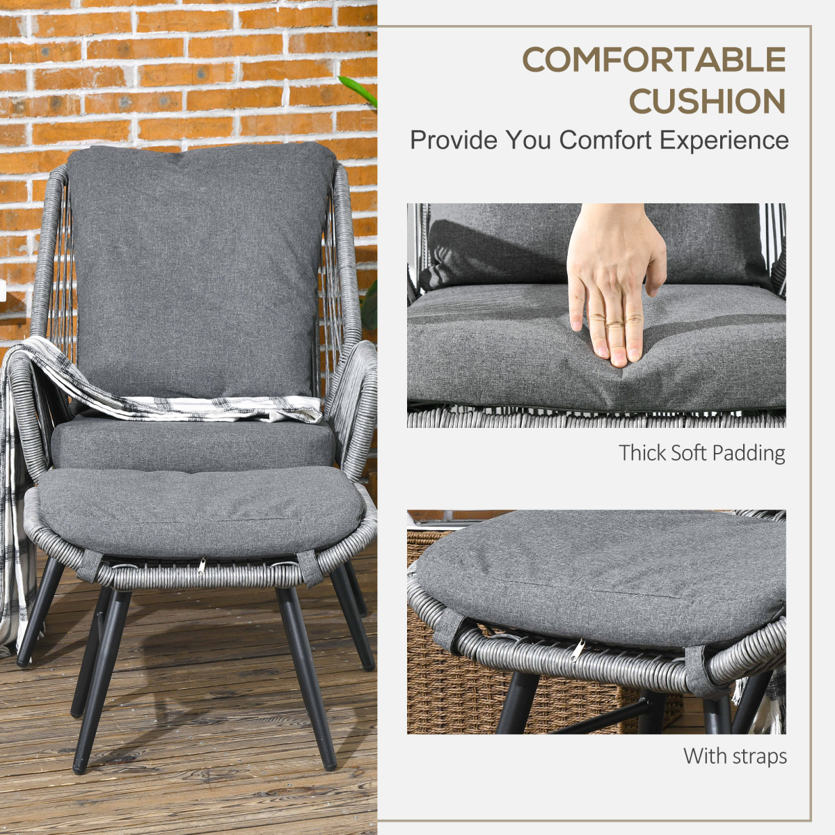 Garden Rattan Chair Set with Adjustable Backrest and Footrest Grey