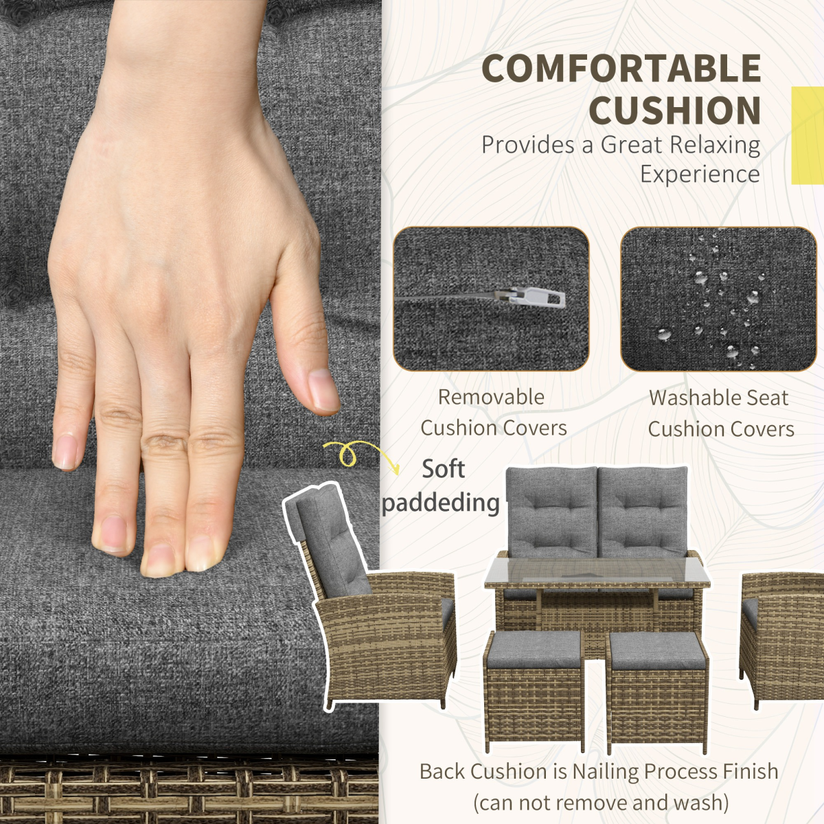 6-Piece Rattan Outdoor Table & Chairs Set with Cushions, Grey