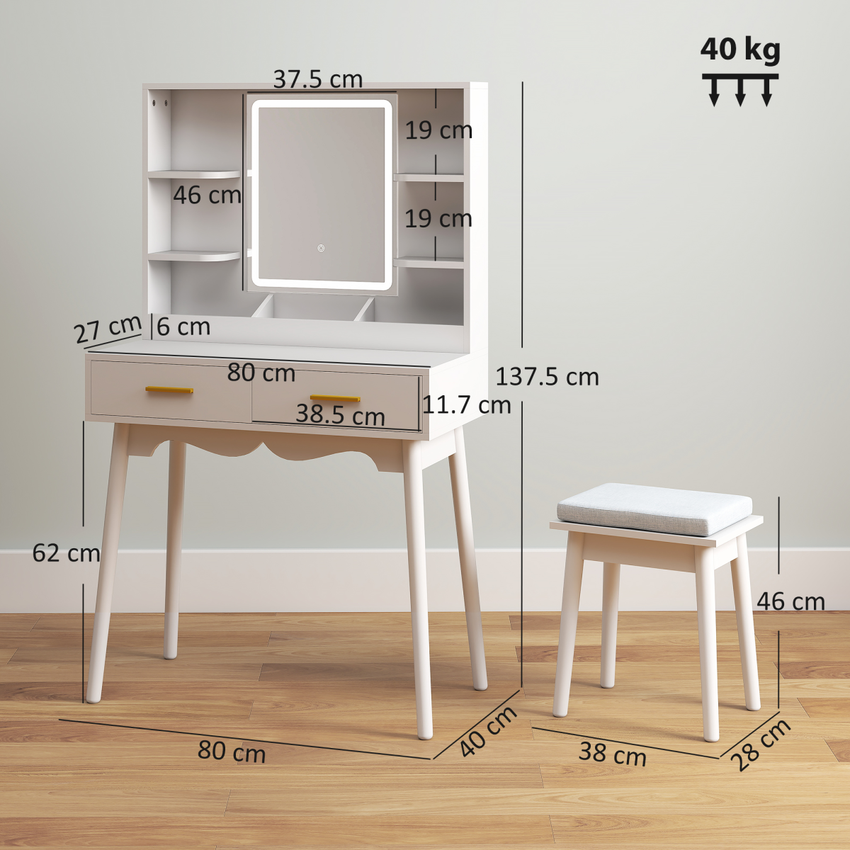 Elegant LED Lighted Dressing Table & Plush Stool - Stylish Vanity Set