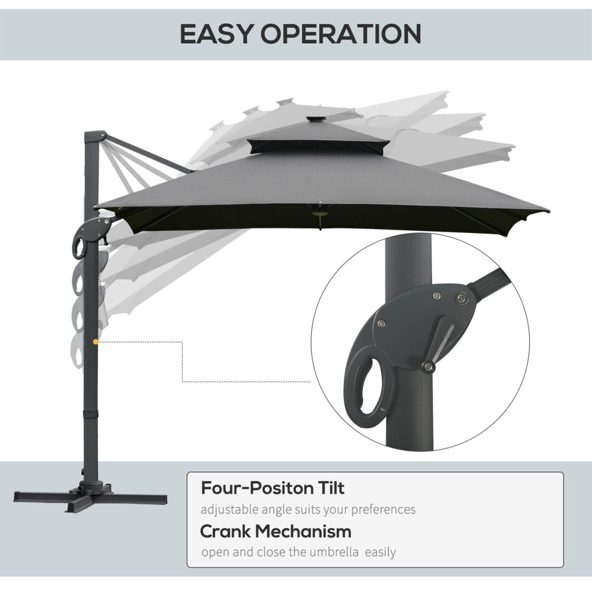 3x3m Cantilever Umbrella with Solar Power Bank & LEDs, Dark Grey