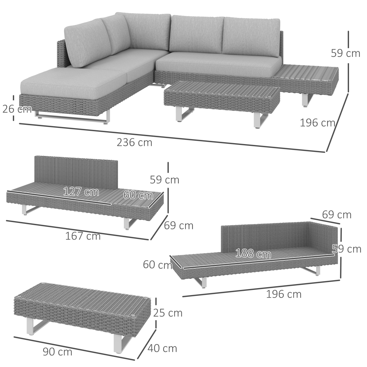 3-Piece Rattan Sofa Set with Tea Table & Cushions, Light Grey