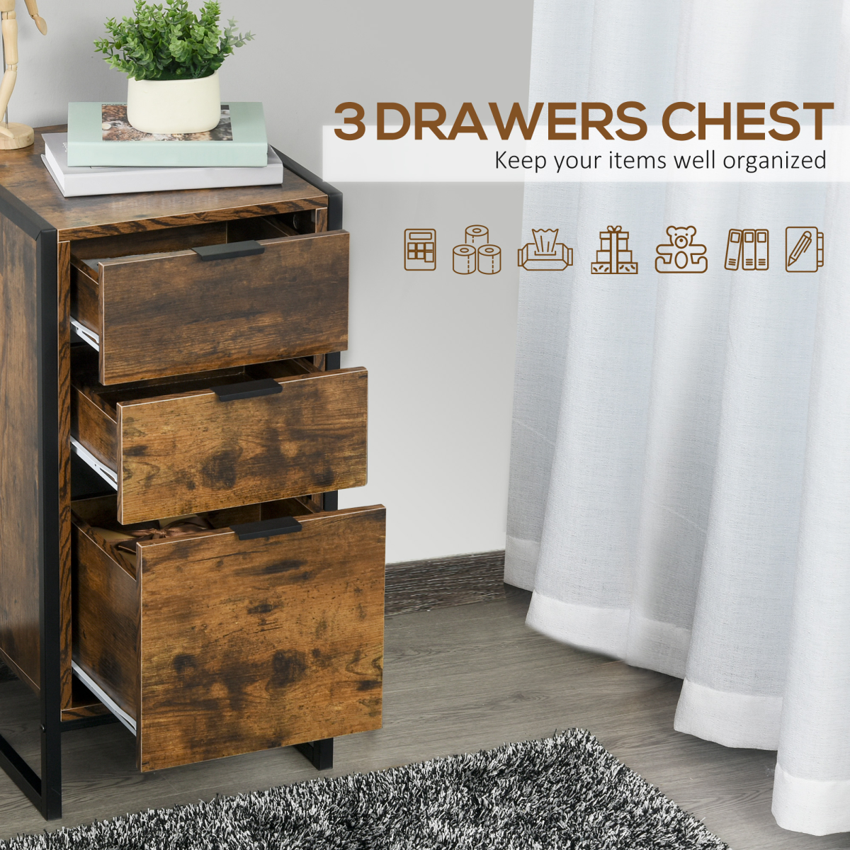 Industrial 3-Drawer Metal Storage Chest - Rustic Elegance for Any Space