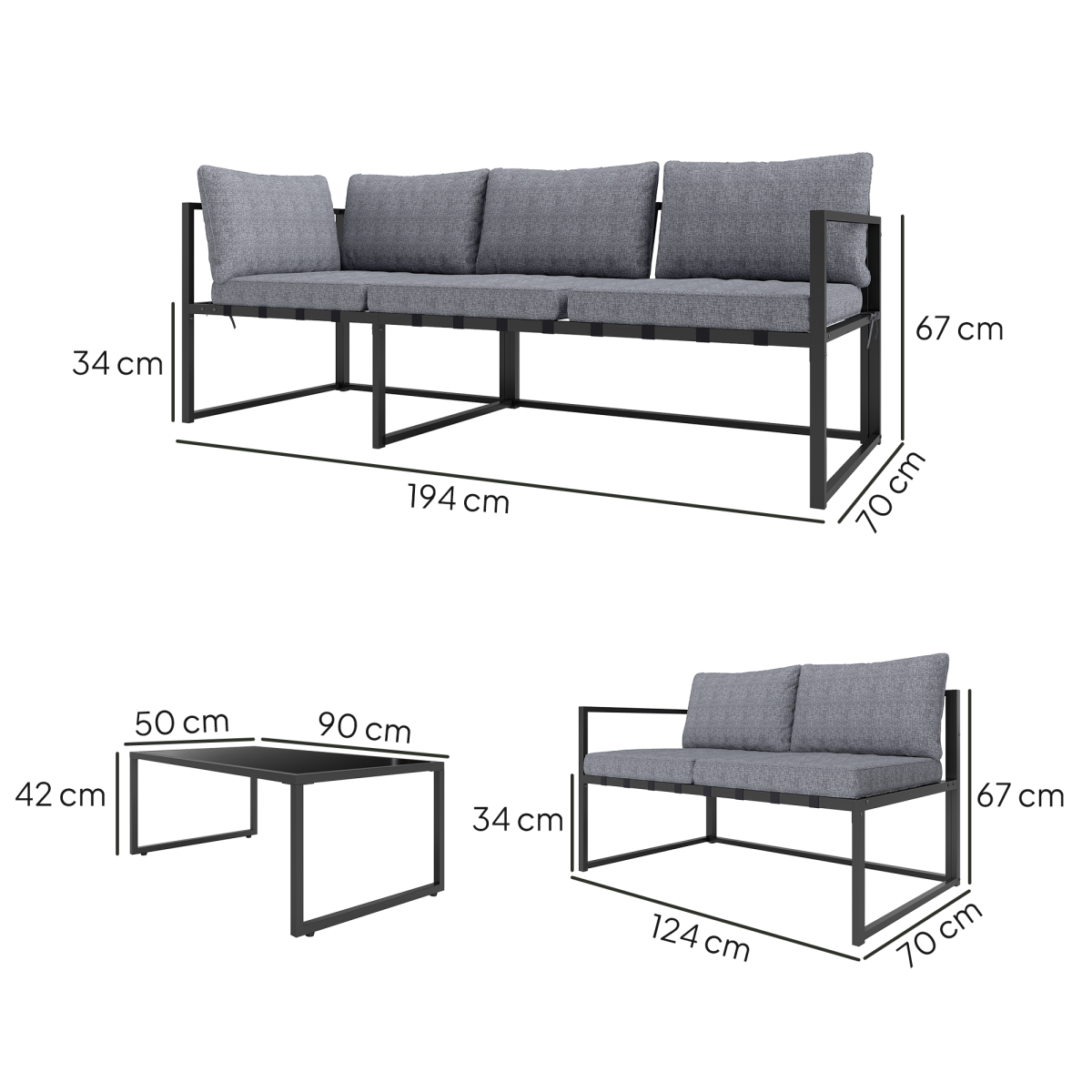 Grey 3-Piece L-Shaped Garden Furniture Set with Cushions & Glass Table