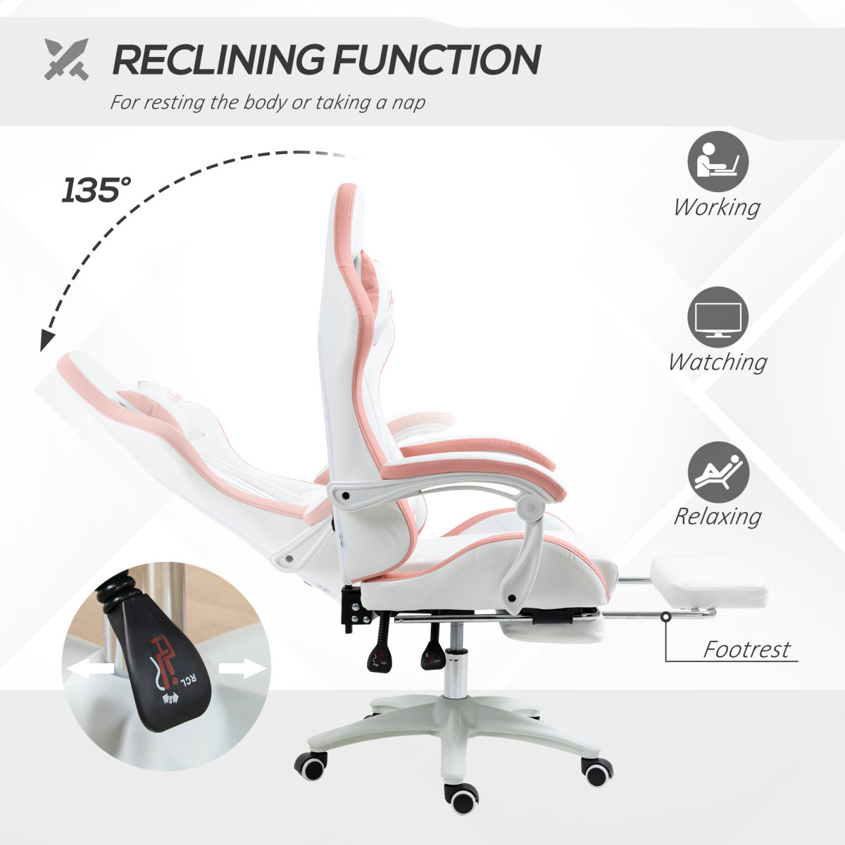 Vinsetto Pink Racing-Style Gaming Chair with Reclining Back and Footrest