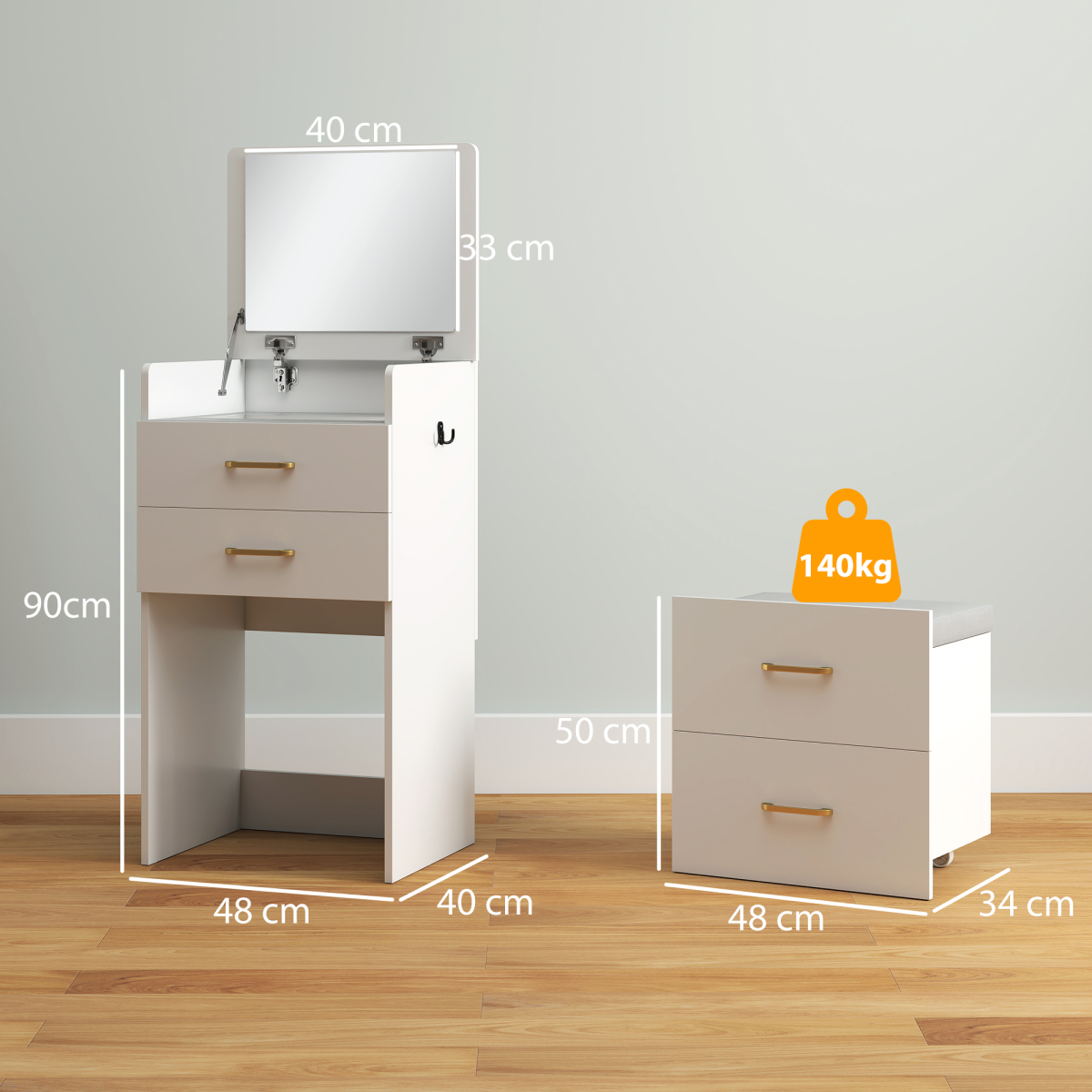 Versatile 3-in-1 Vanity Desk with Mirror & Cushioned Stool