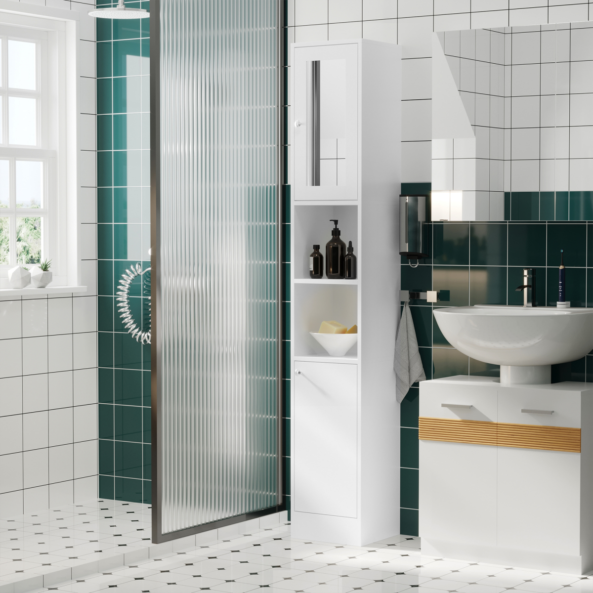 Elegant Tall Bathroom Storage Cabinet with Mirror & Adjustable Shelves