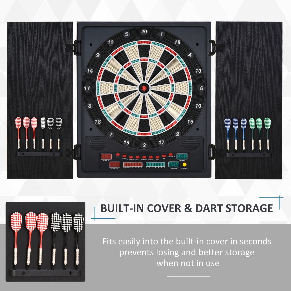 LED Dartboard with Digital Scoreboard, 27 Games, Cabinet & Storage
