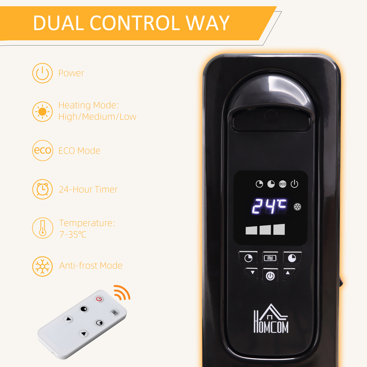 2000W Portable Digital Oil-Filled Radiator Heater with Timer & Remote Control
