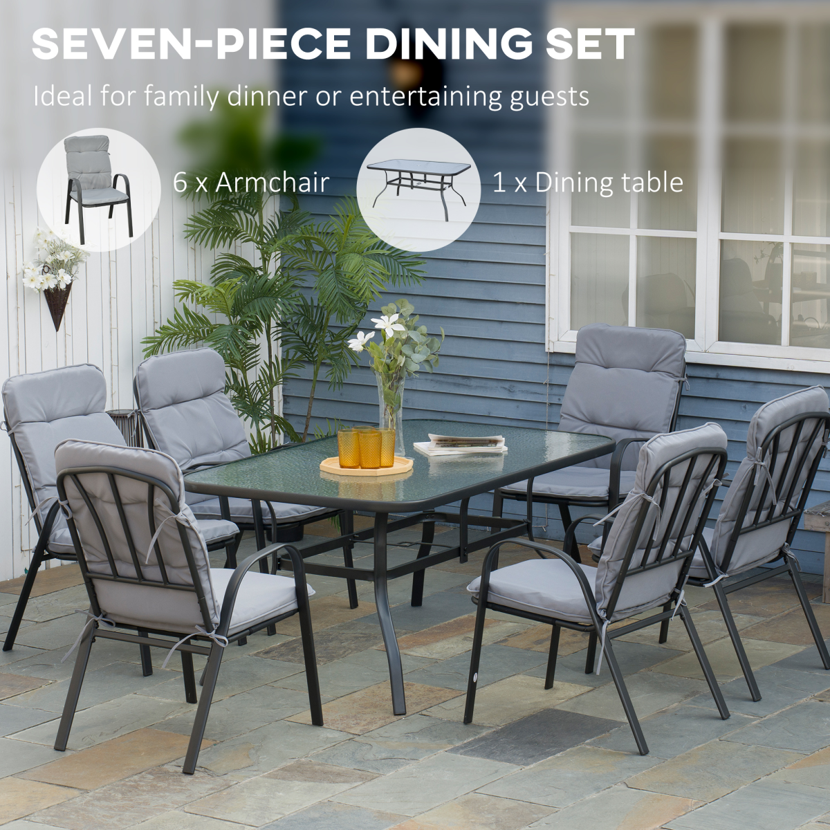 7-Piece Garden Dining Set with Glass Table, Umbrella Hole & Cushions - Black