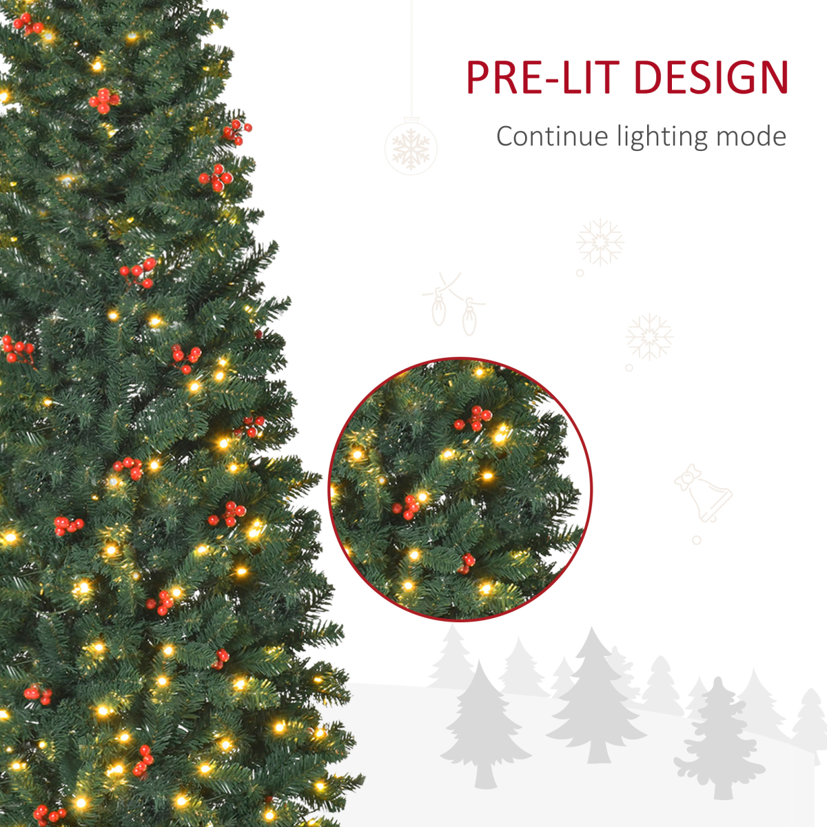 6ft Prelit Artificial Pencil Christmas Tree - Warm White LED, Red Berry Accents