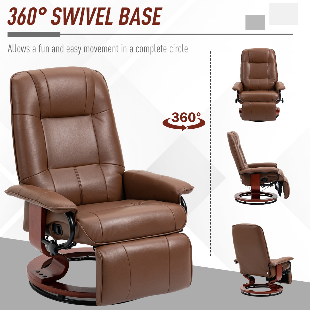 Ergonomic PU Leather Recliner Chair with 360° Swivel & Footrest, Brown