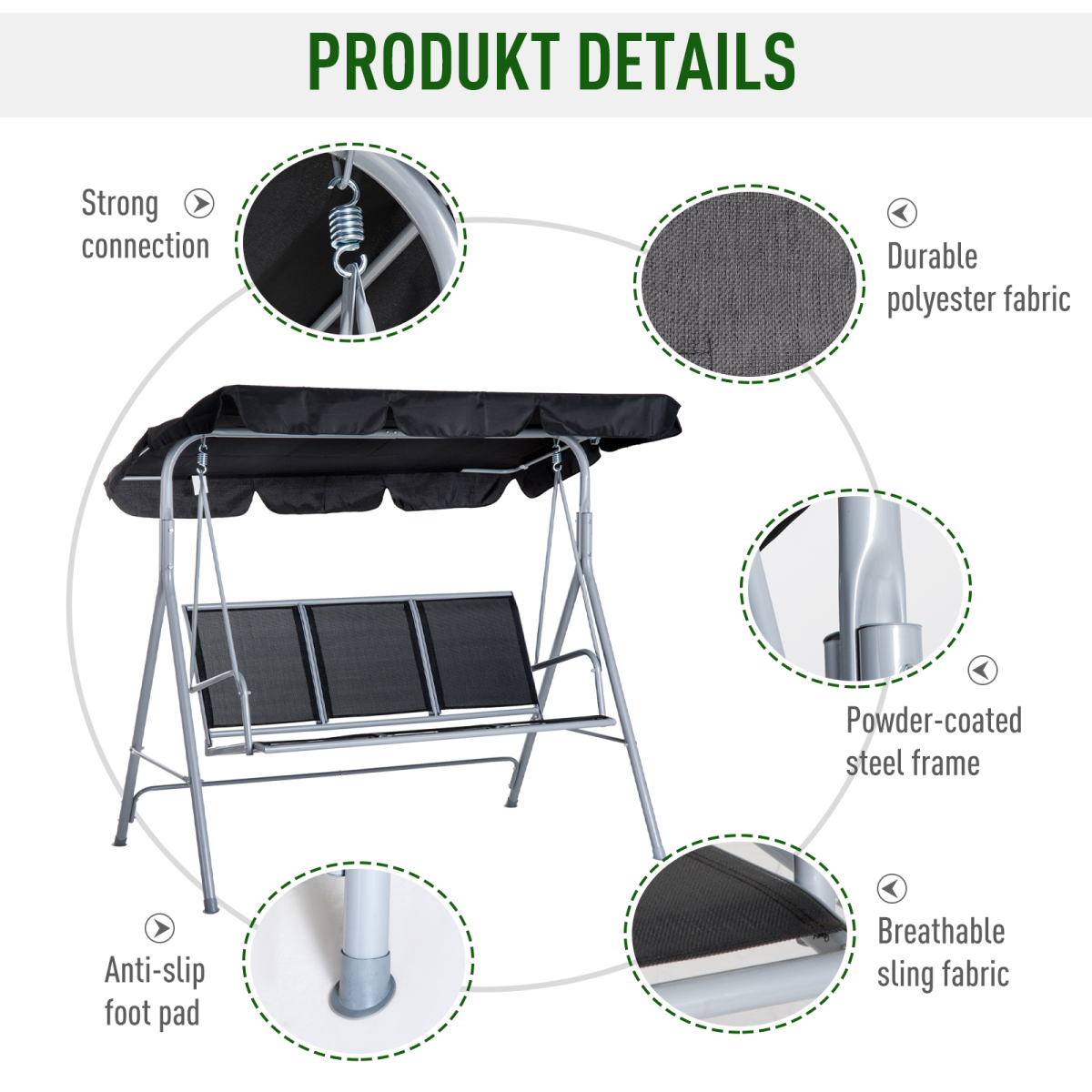 Black Outdoor 3-Seater Swing Chair - Weatherproof Patio Comfort