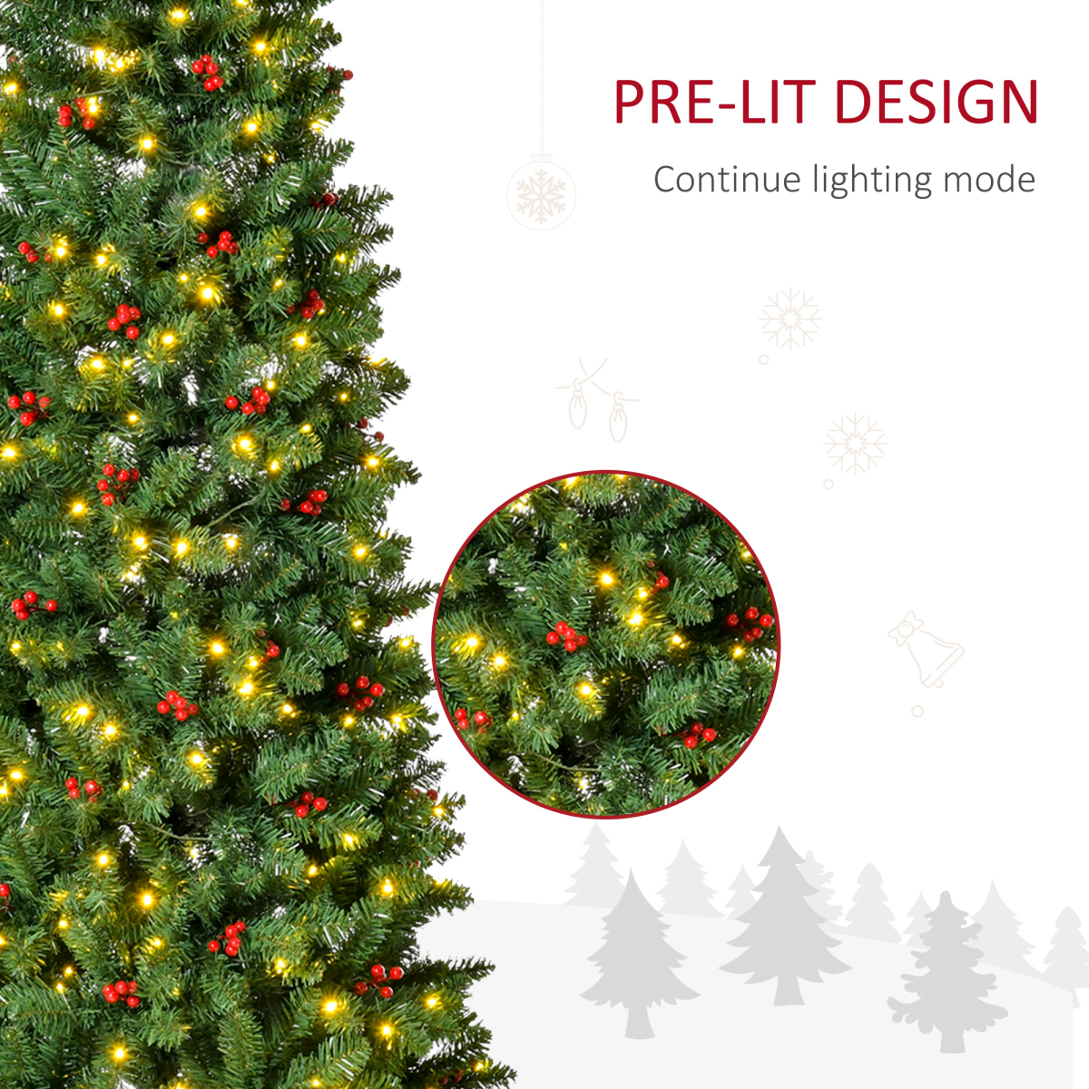 7ft Prelit Pencil Christmas Tree with Warm White LEDs, Green & Red Berry