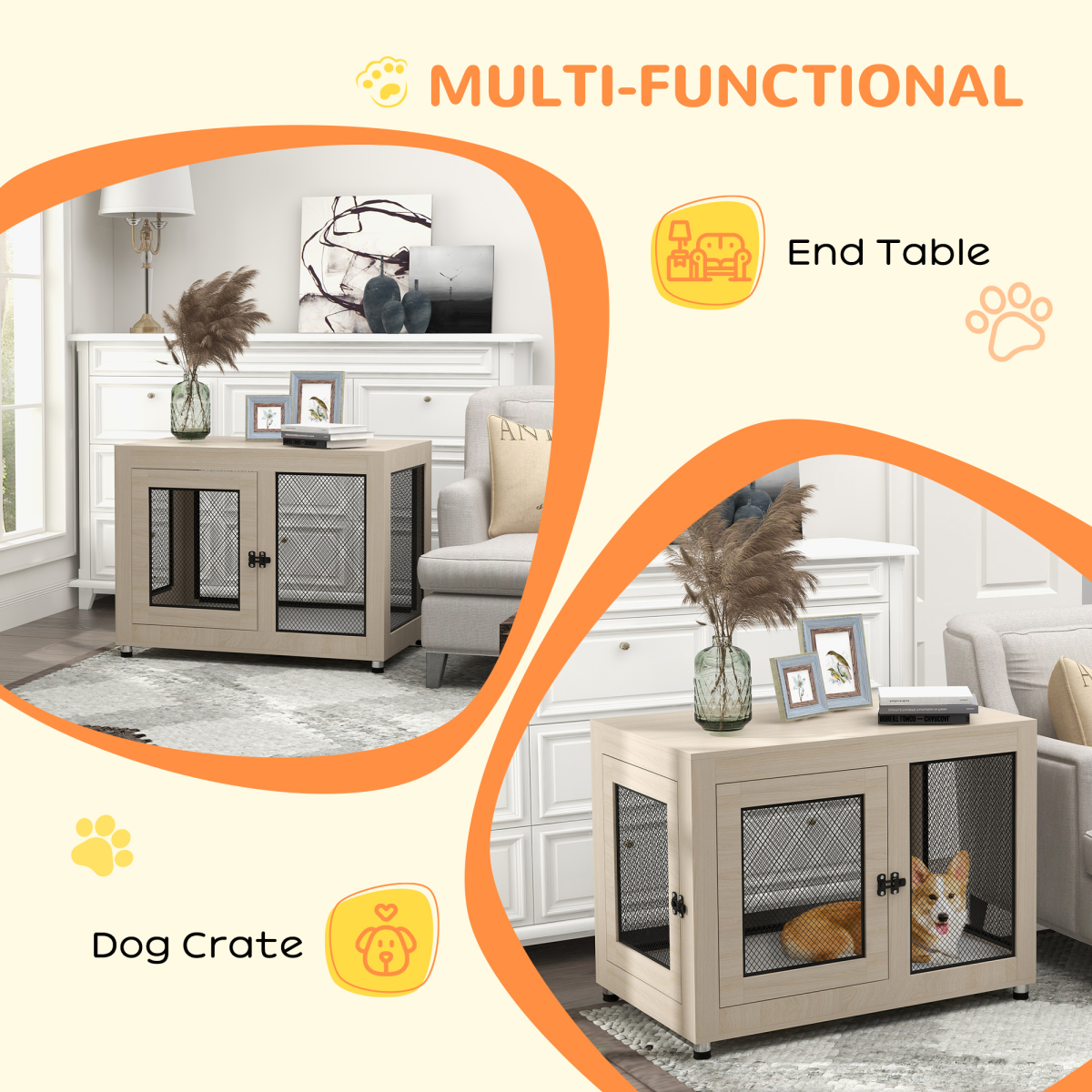 Chic Dog Kennel End Table with Dual Doors and Plush Cushion - Oak/Black