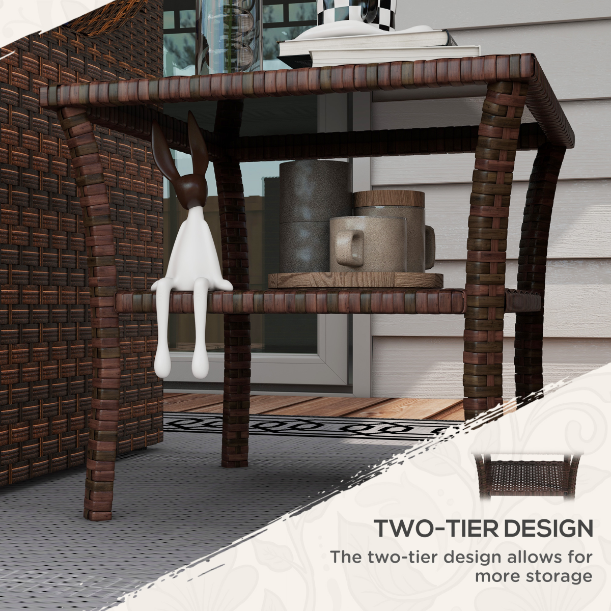 PE Rattan Coffee Table: Two-Tier with Glass Top, Brown