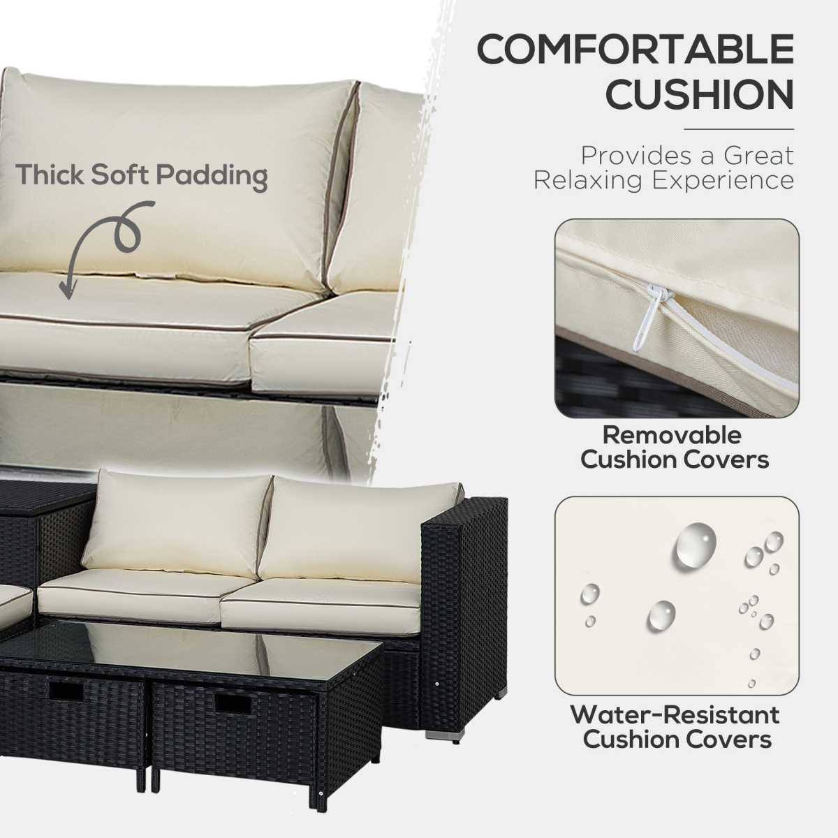 4-Seater Rattan Wicker Outdoor Sofa Set with Storage & Tables - Black