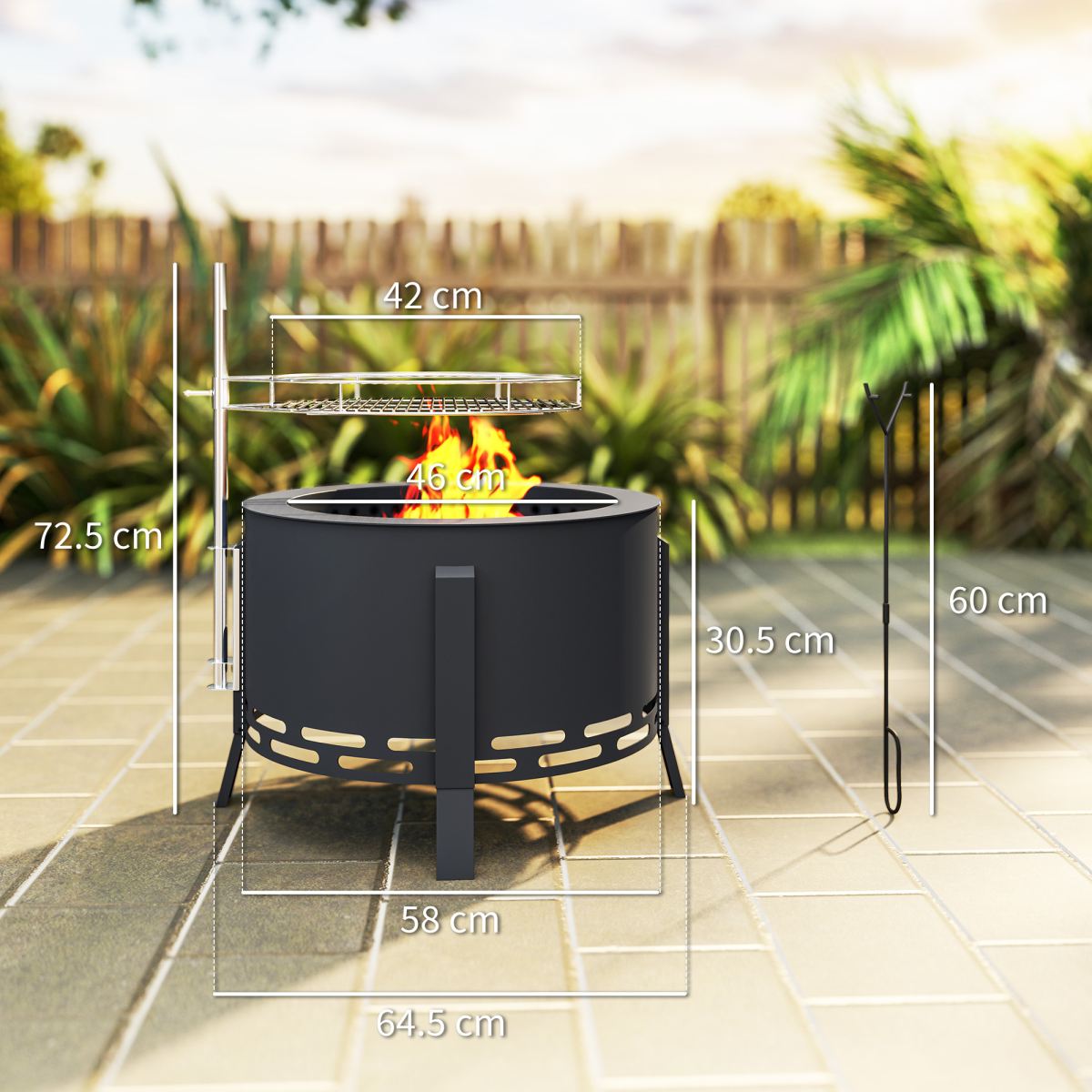 58cm Round Portable Fire Pit & Grill - Durable Black Steel Design