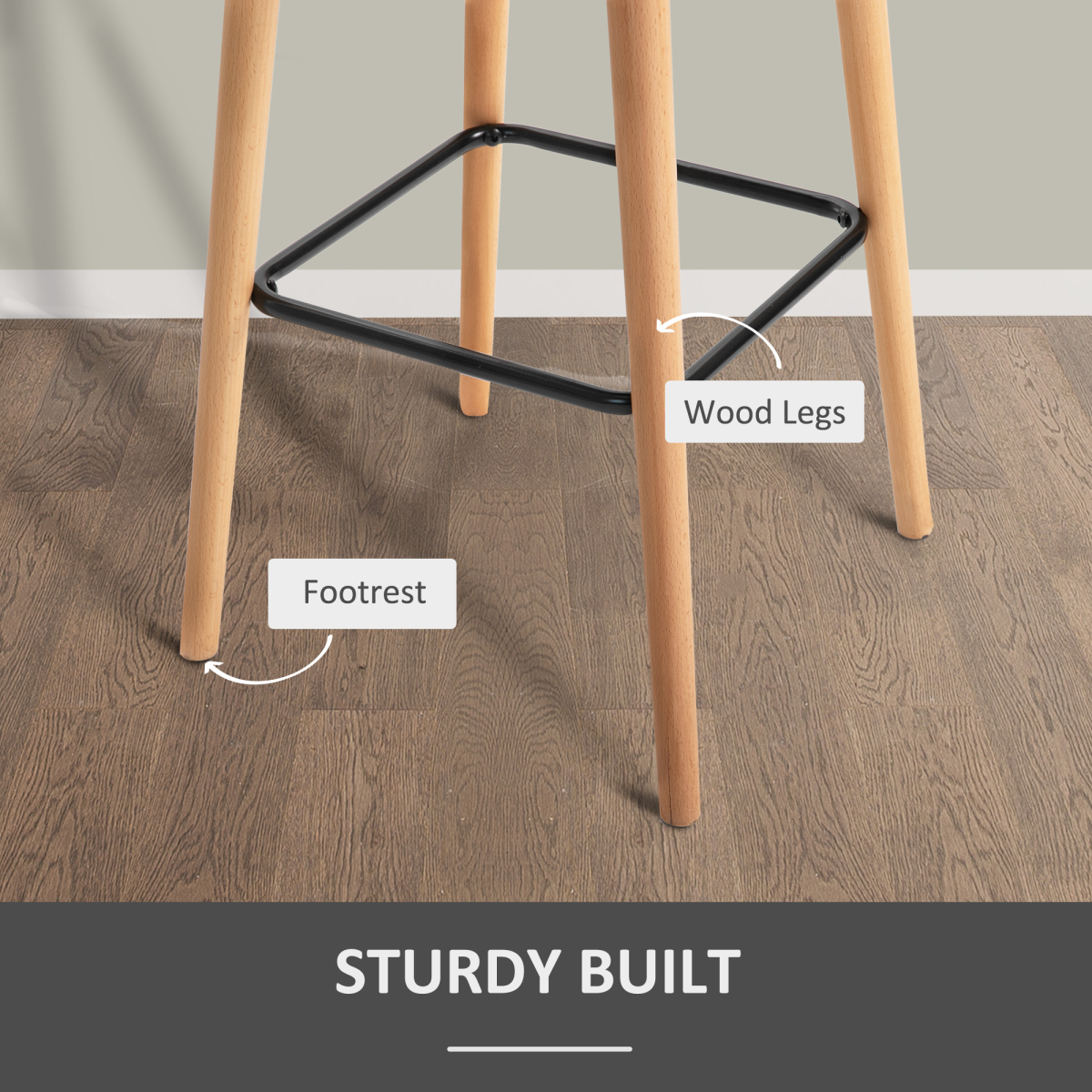 Modern Grey Upholstered Bucket Seat Bar Stools - Set of 2 with Solid Wood Legs