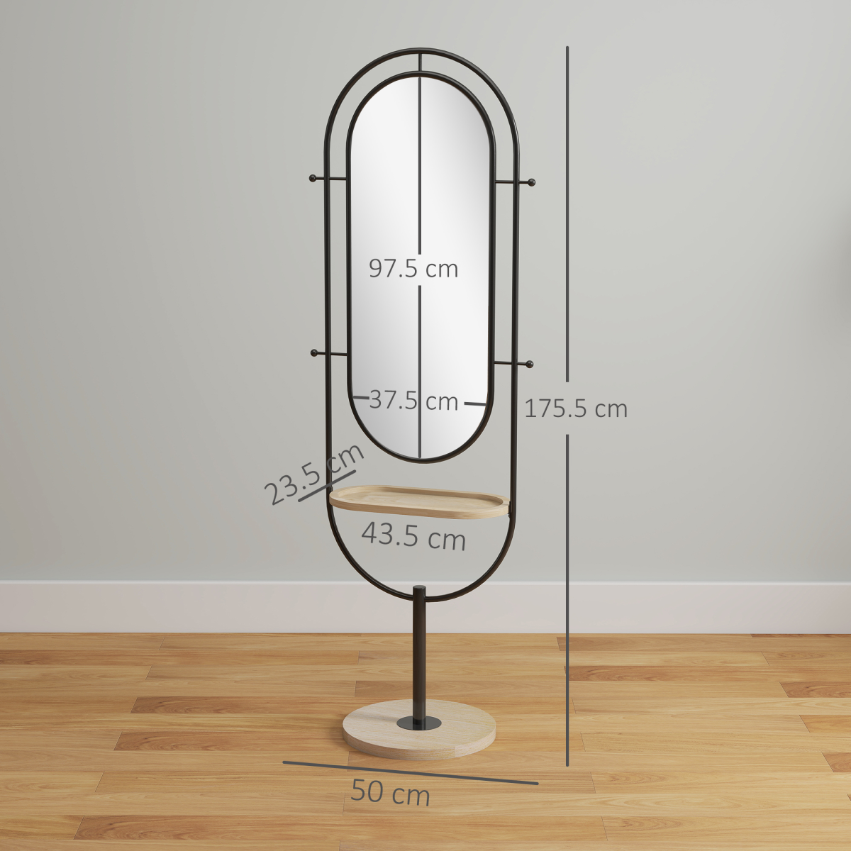 Elegant Freestanding Full Length Mirror with Tray & Hooks - Black