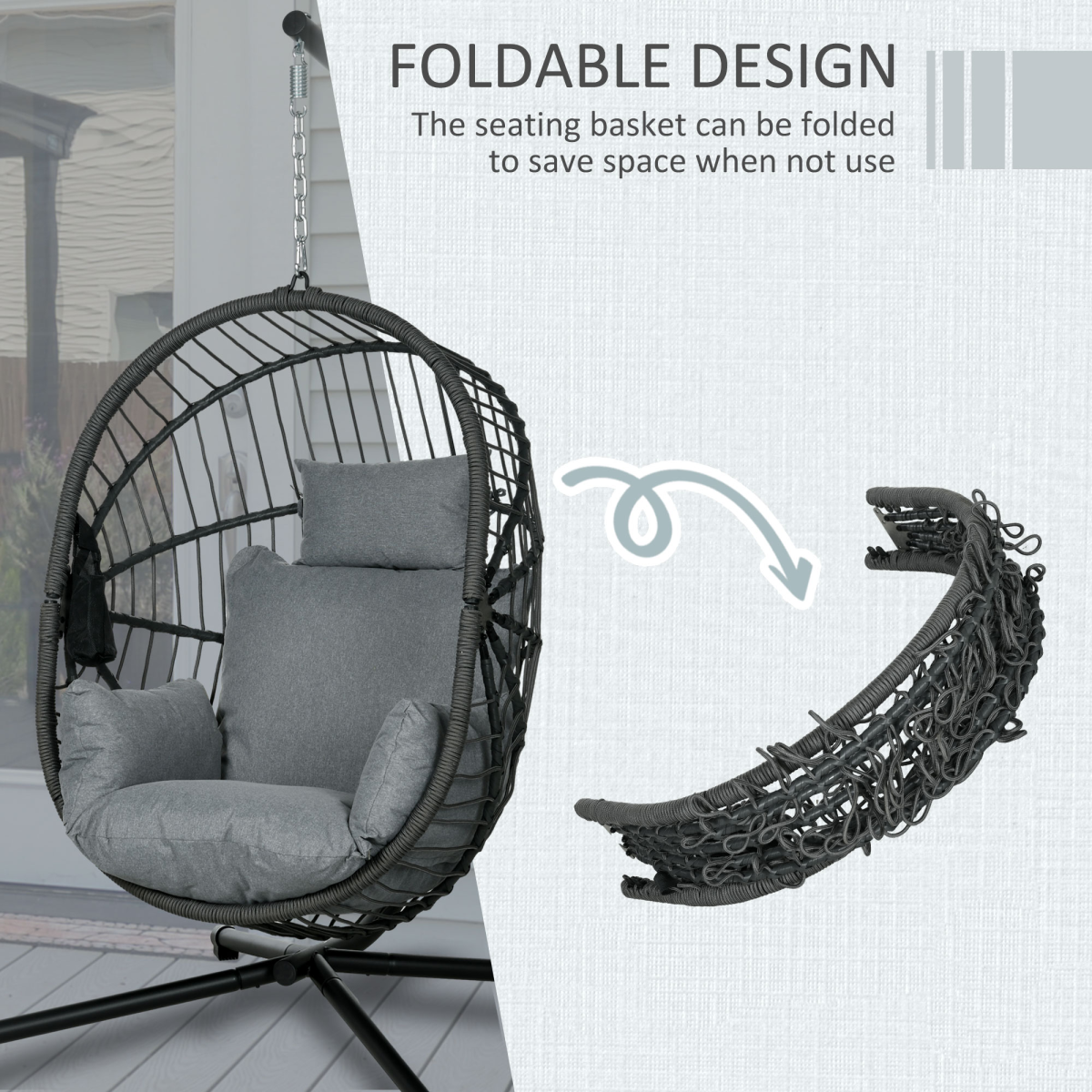 Grey Hanging Swing Chair with Thick Cushioned Seat - Patio