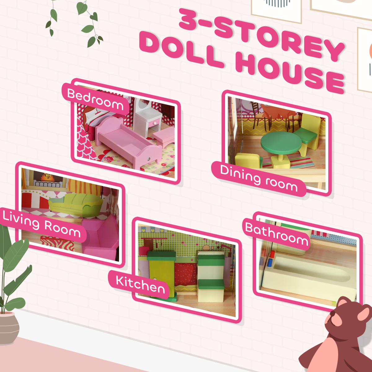 AIYAPLAY 3-Story Pink Dolls House with 13-Piece Wooden Furniture Set