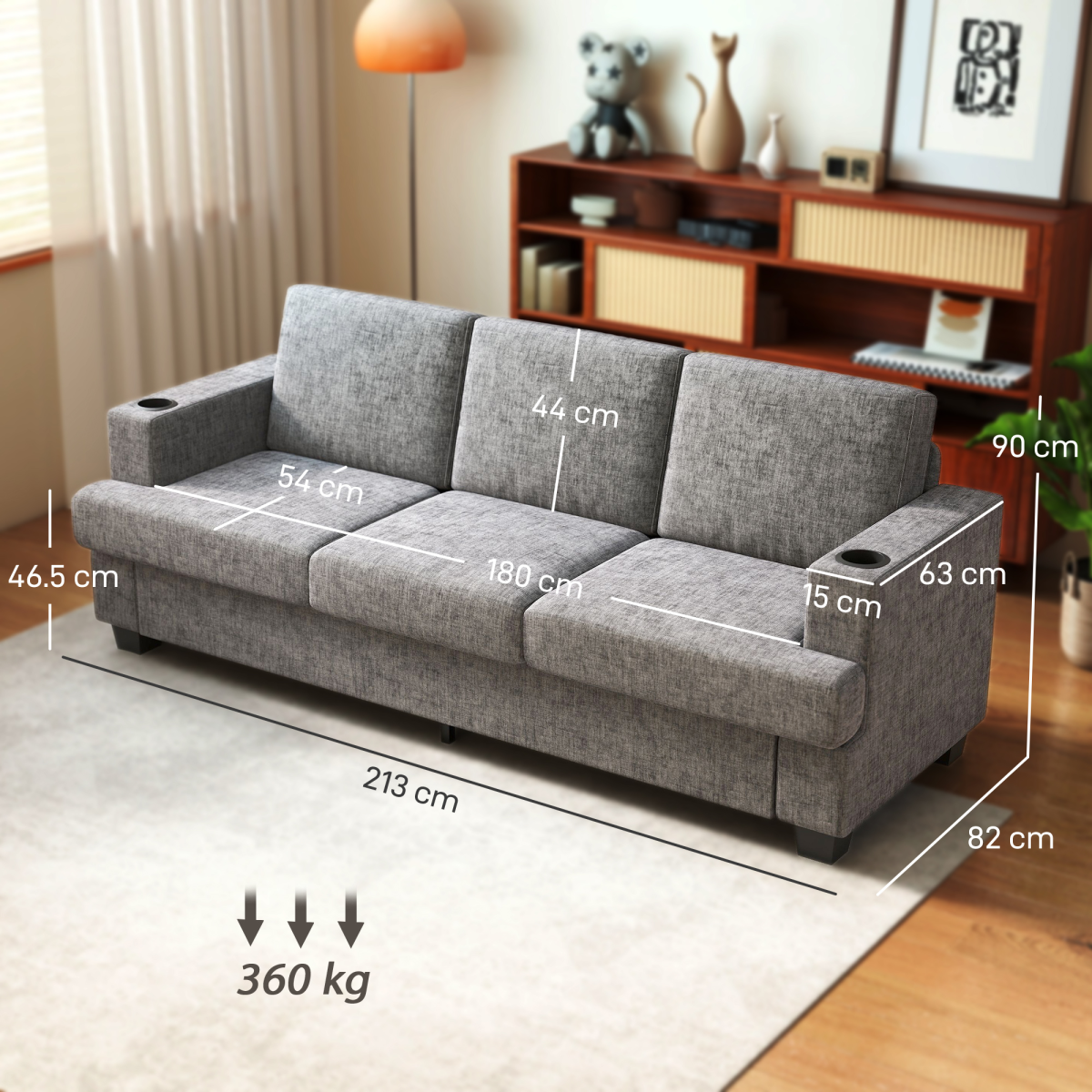 3-Seater Sofa with USB Ports & Cup Holders - Cozy Grey Fabric Design