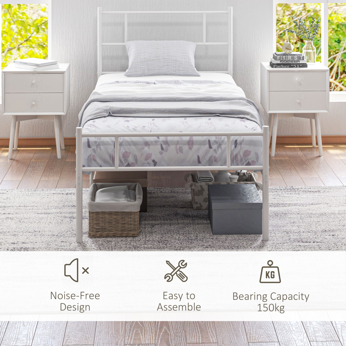 Metal Single Bed Frame with Headboard, Underbed Storage & Noise-Free Design