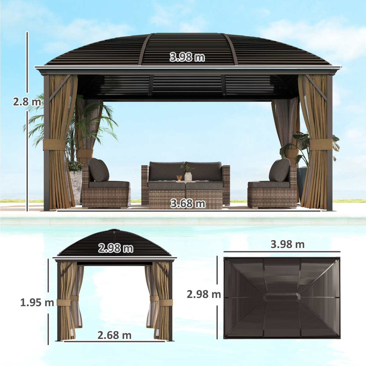 3x4m Hardtop Gazebo - Aluminium Garden Pavilion Brown