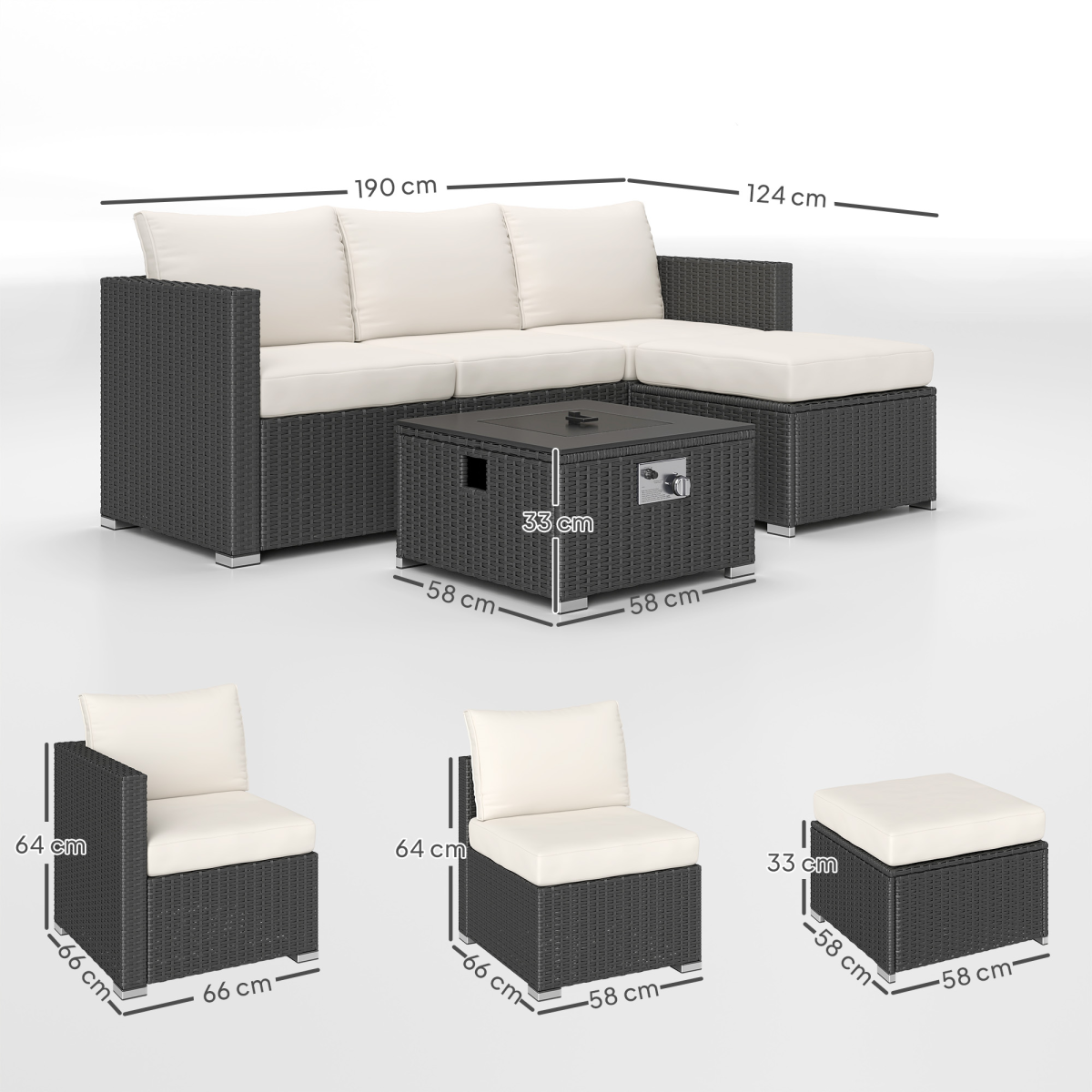 Modular 4-Seater Rattan Sofa Set with Fire Pit Table & Cushions