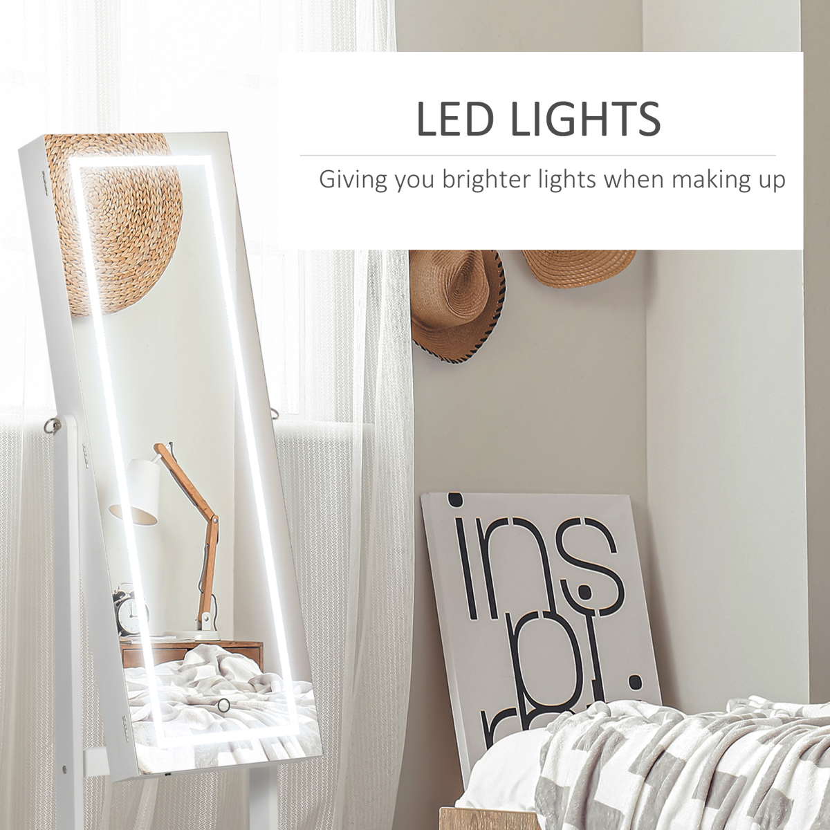 Illuminate & Organize: LED Mirrored Jewelry Cabinet with Lock & Ample Storage