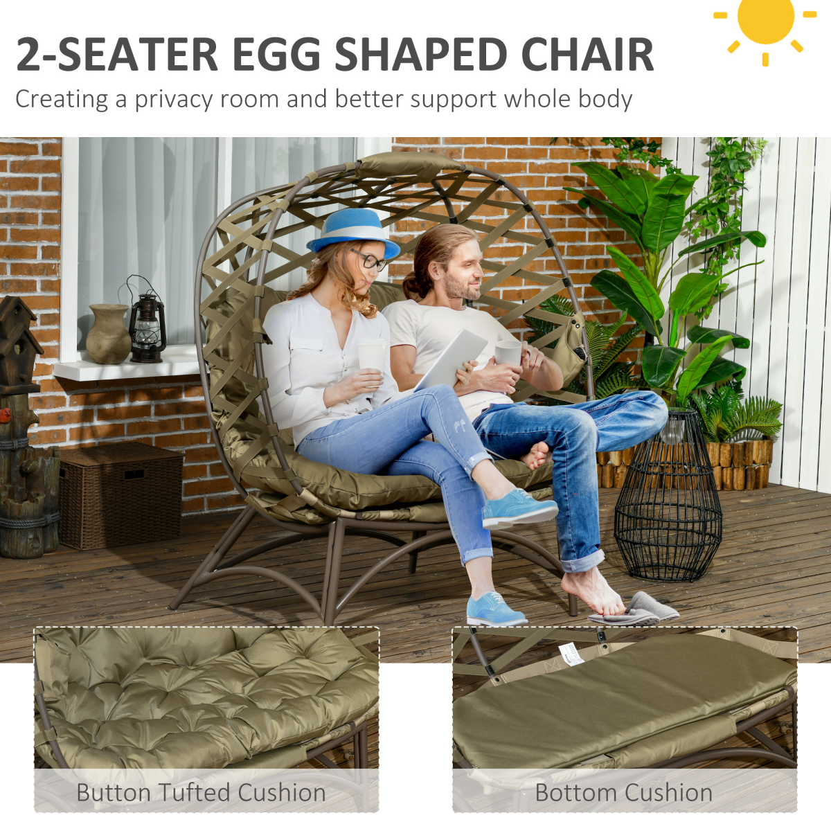 2-Seater Egg Chair with Cushions & Cup Pockets - Khaki