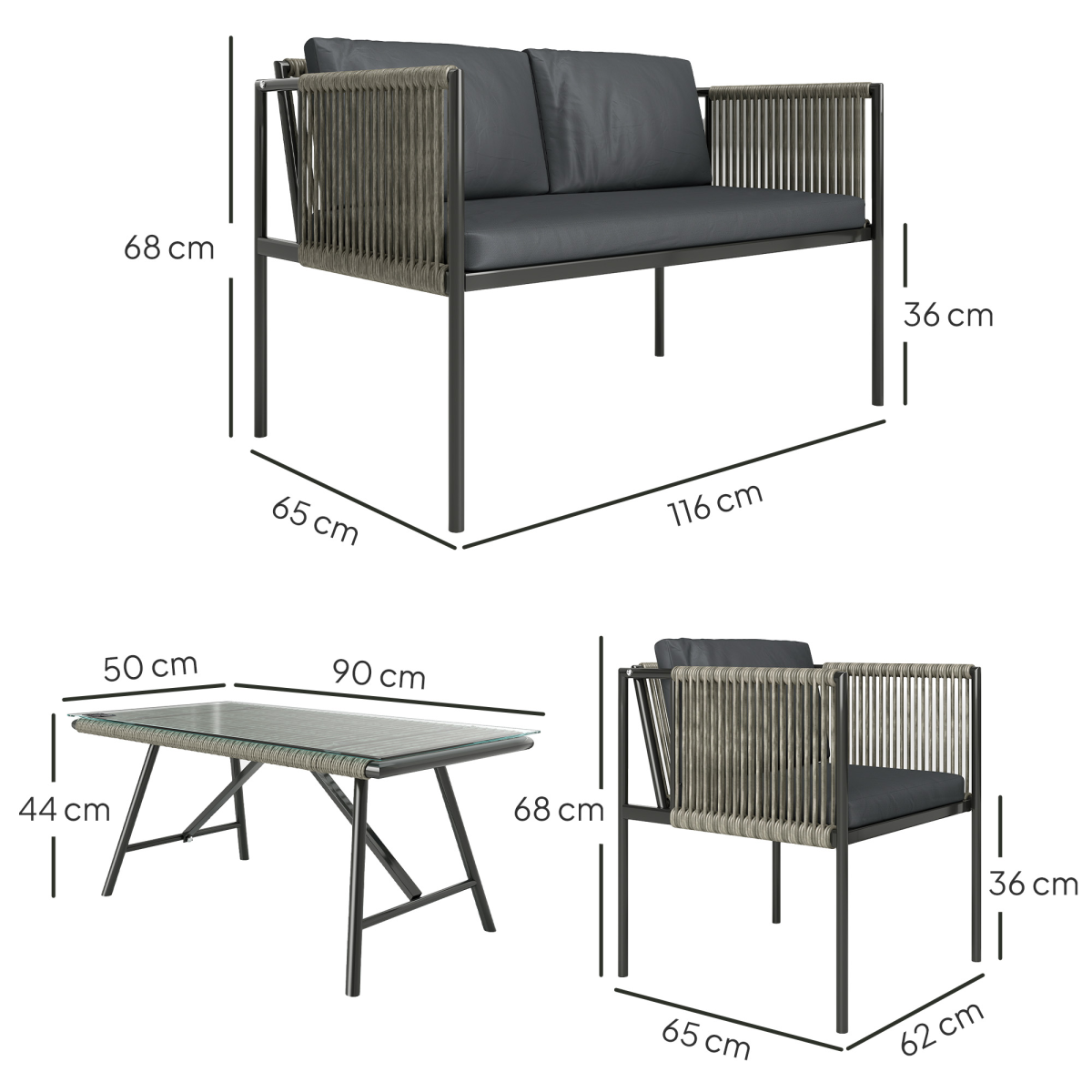 4-Piece Grey Wicker Outdoor Furniture Set with Glass Top Table
