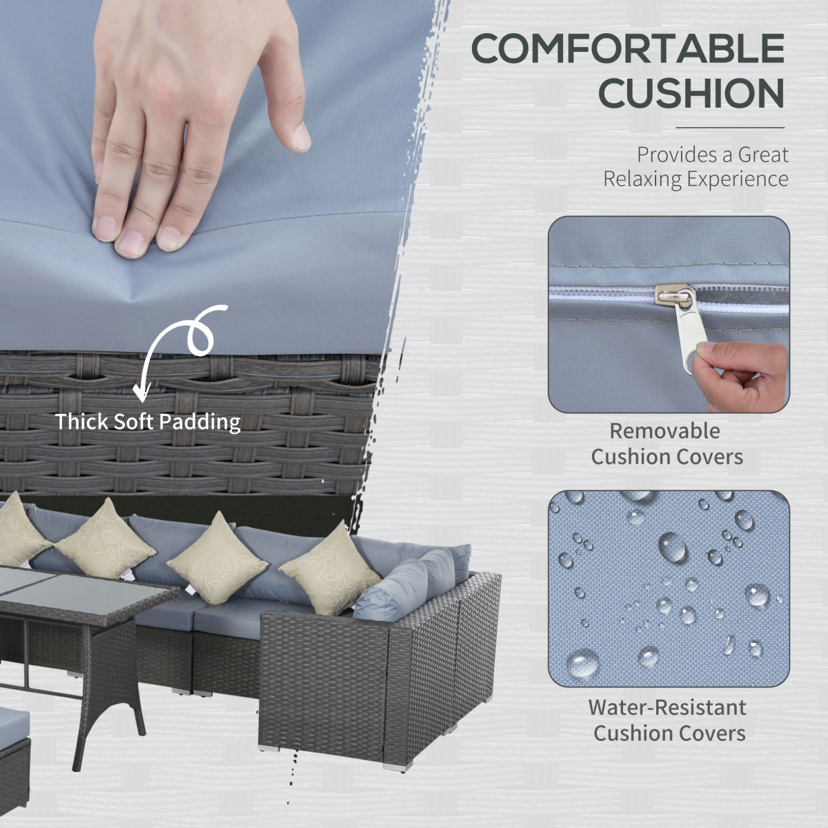10-Piece Rattan Sofa Set with Grey and Dusty-Blue Cushions