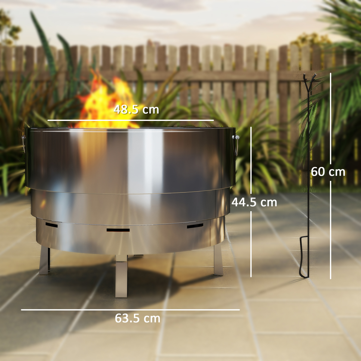 Portable Round Fire Pit & Grill - Stainless Steel with Poker Included