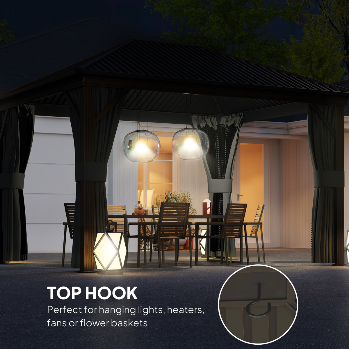 3.6x3m Metal Gazebo with Hardtop & Screened Curtains, Dark Grey
