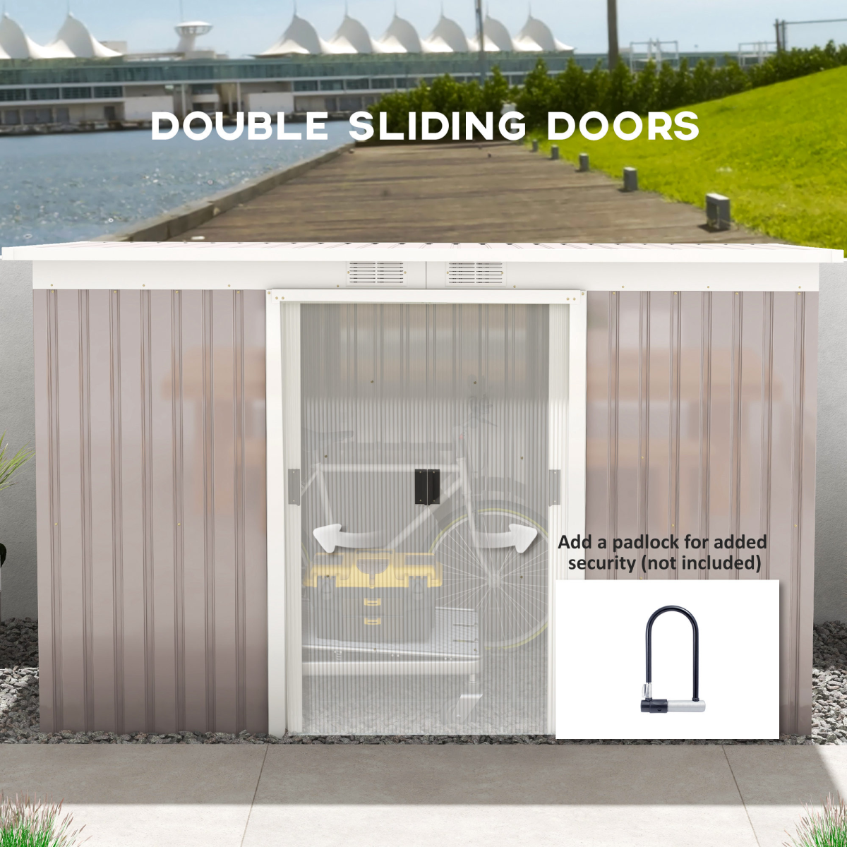 Light Grey Metal Garden Storage Shed with Tool Box, 280x130x158-172cm