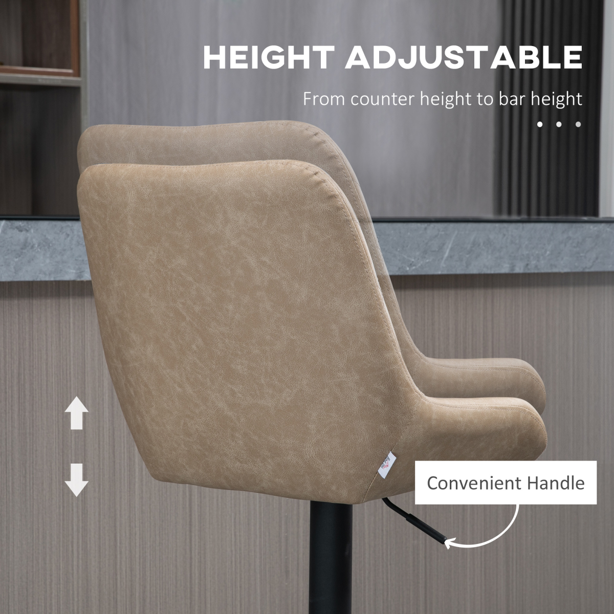 2-Pack Adjustable Bar Stools, 360° Swivel, Faux Leather, Khaki
