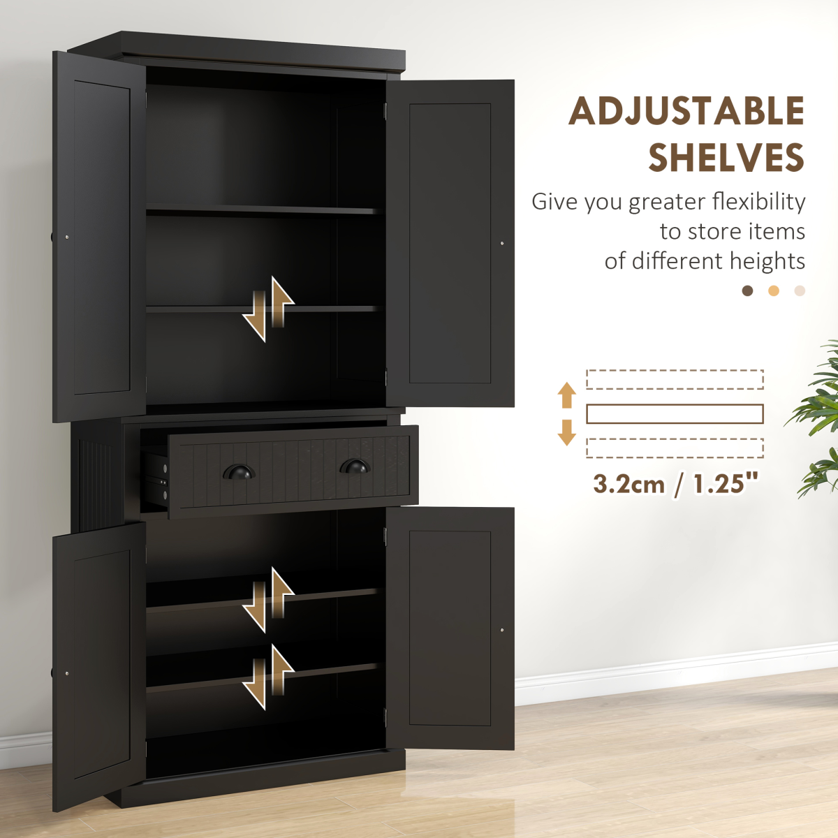 Stylish Black Freestanding Kitchen Storage Cabinet with Drawers & Shelves
