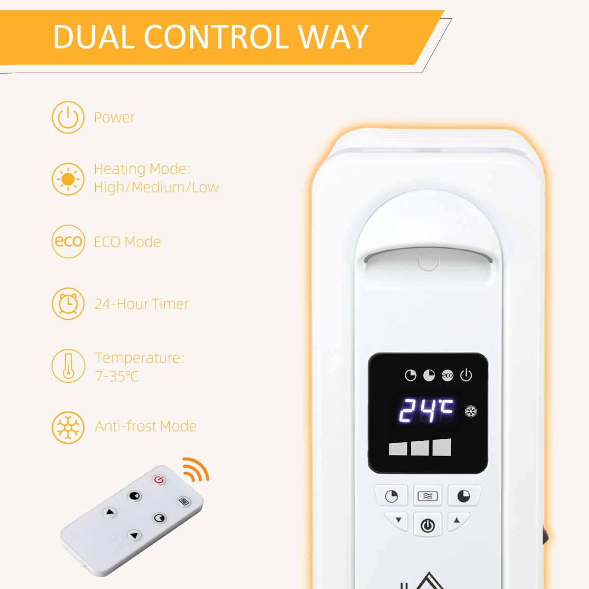 2000W Digital Oil-Filled Radiator, 9-Fin, Remote, 24h Timer, White