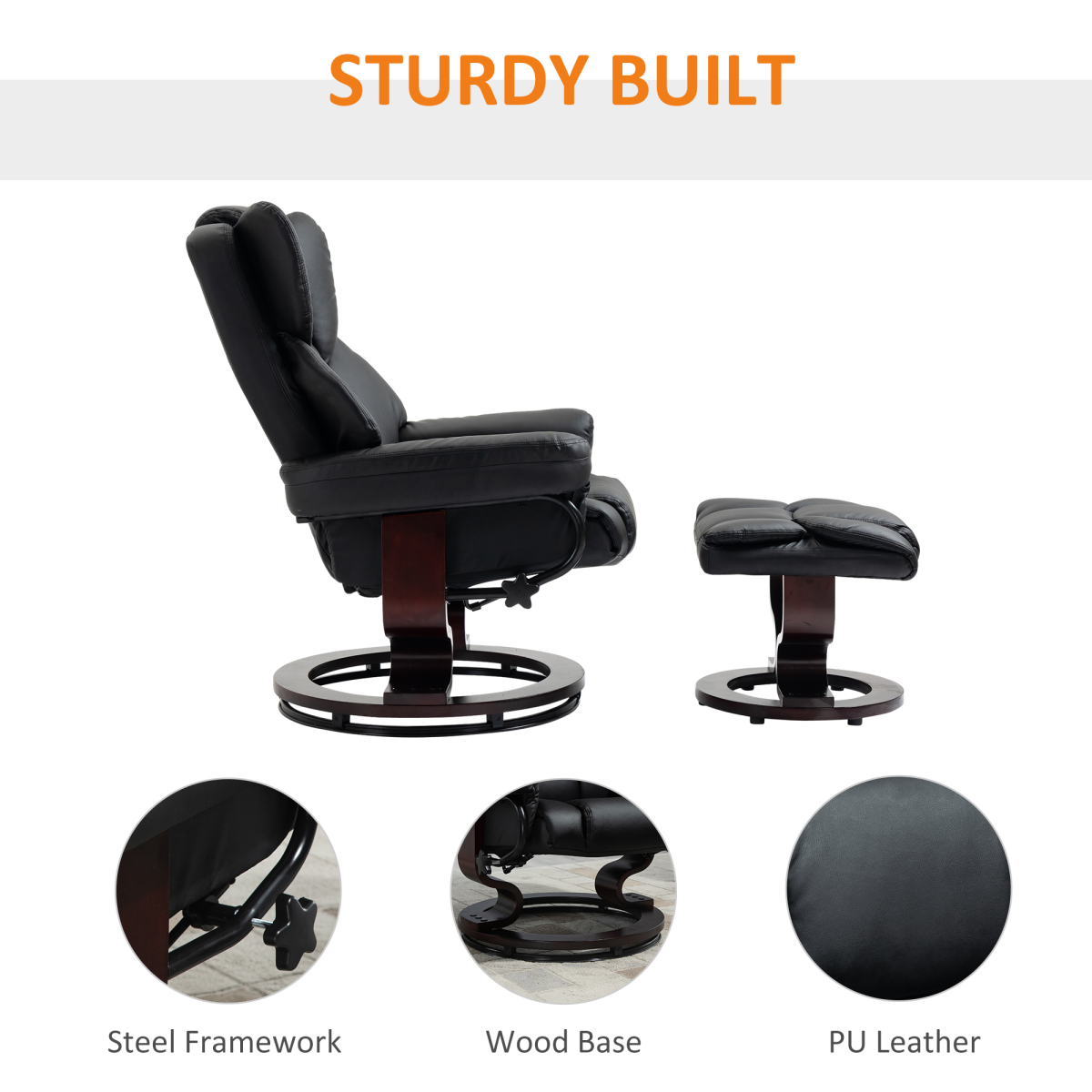 Black PU Leather Manual Recliner Armchair with Footstool