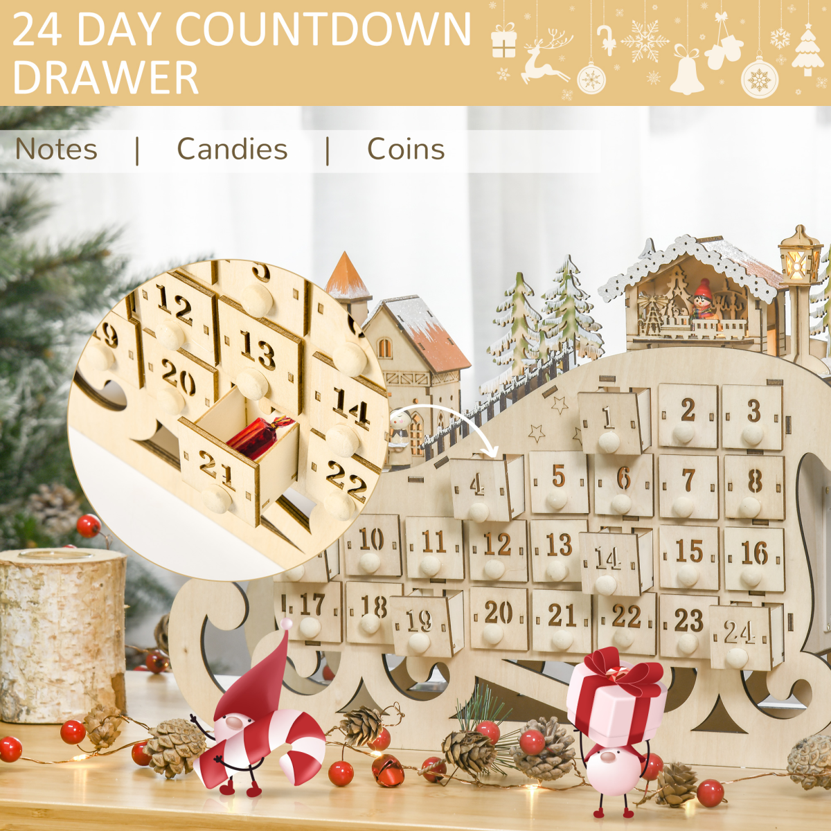 Light-Up Wooden Sleigh Advent Calendar - 24 Drawers, Natural Finish