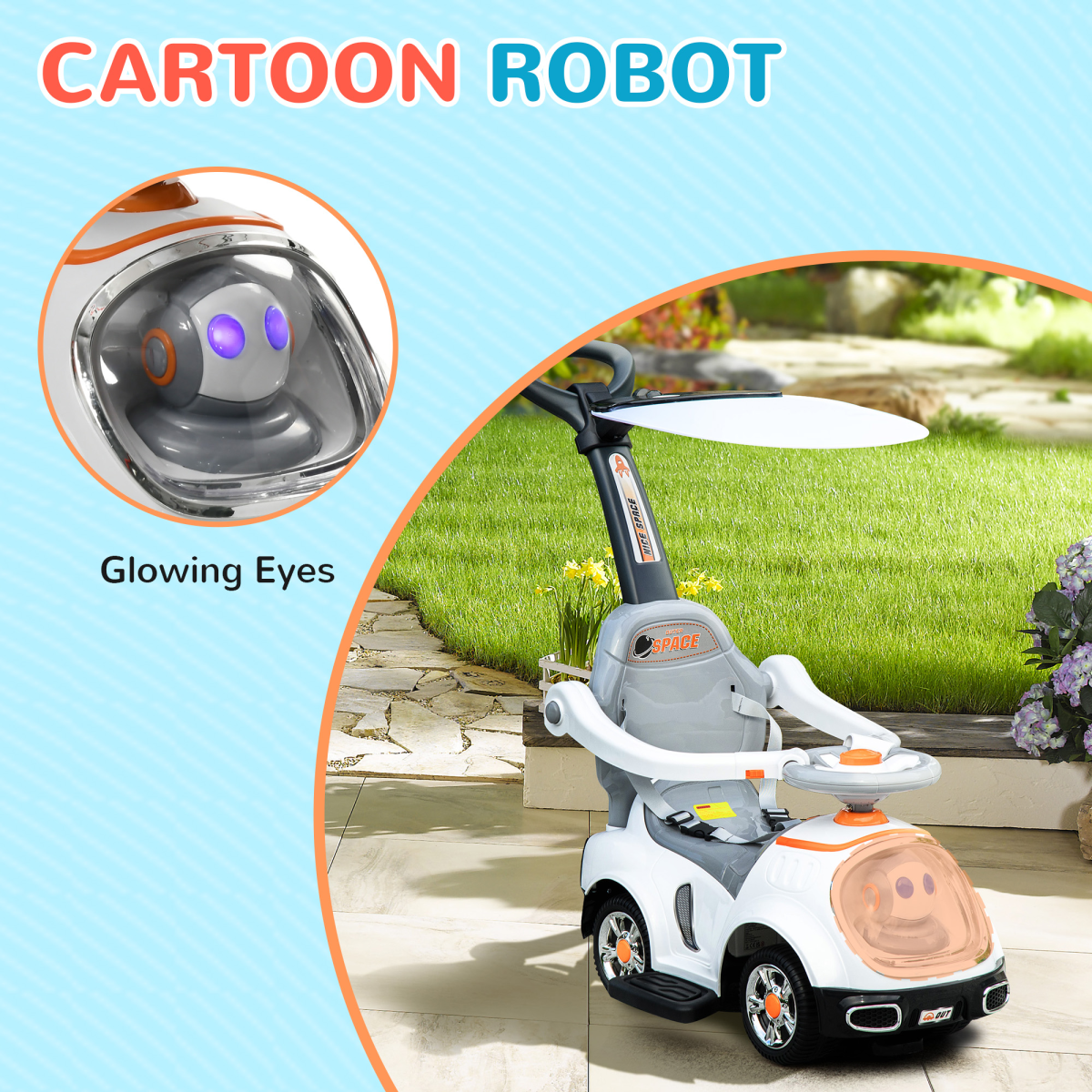AIYAPLAY 3-in-1 Ride-On Push Car: Cartoon Robot with Light-Up Eyes