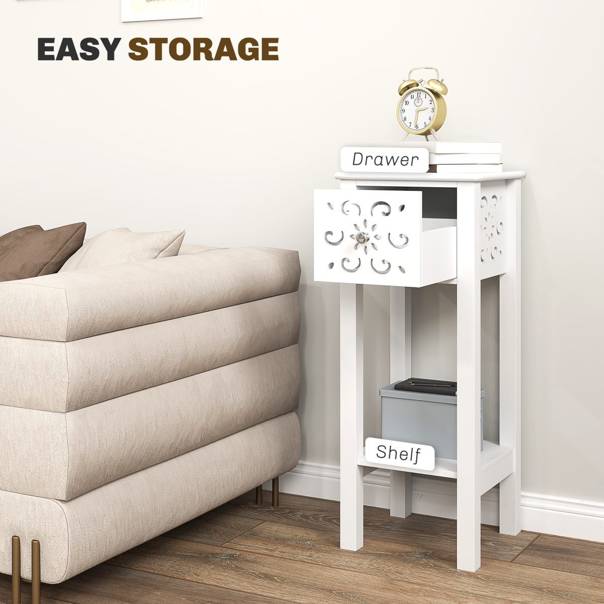 Elegant Floral Cut-Out Bedside Table Set with Drawer & Storage - White