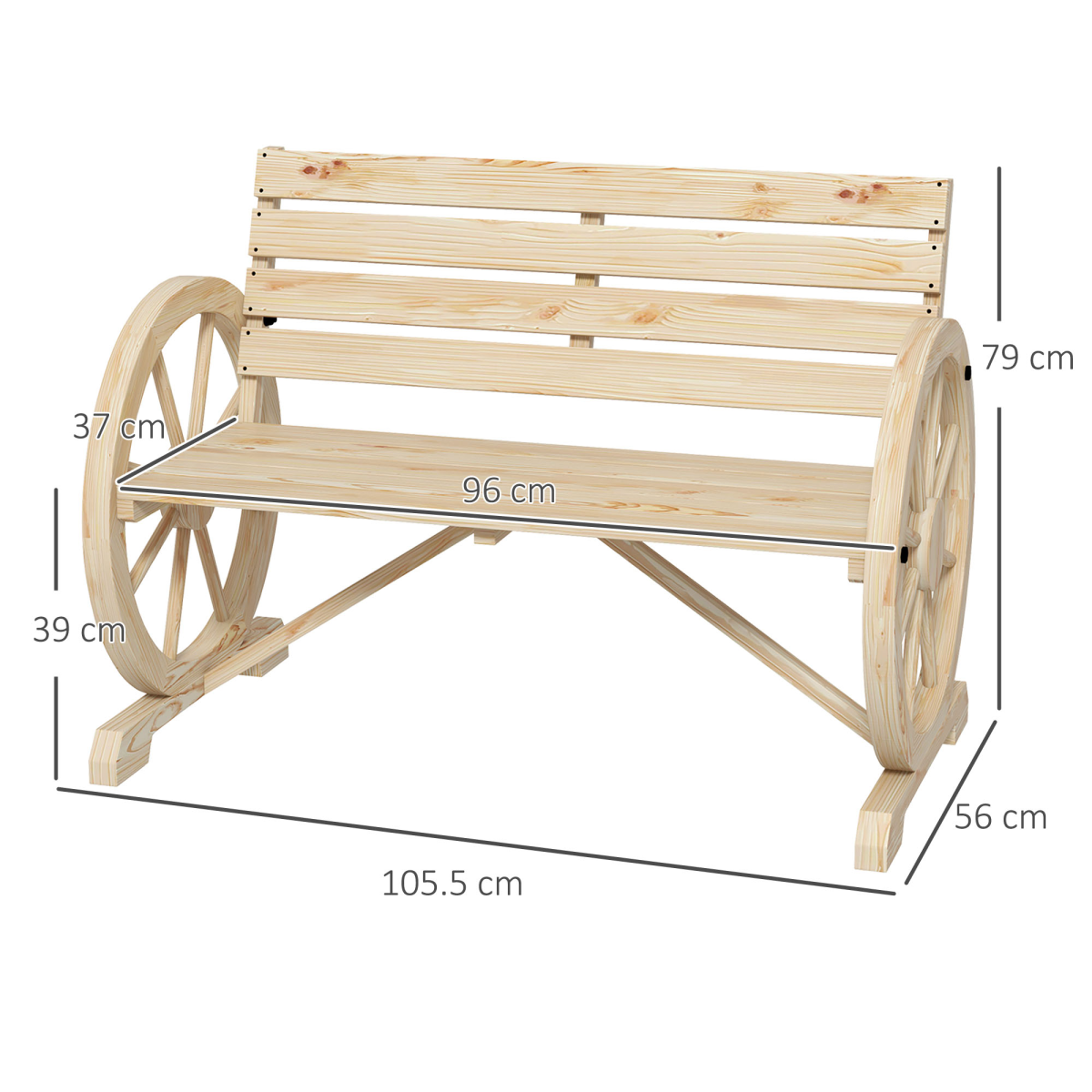 2-Seater Garden Bench with Wagon Wheel Armrests - Natural Fir Wood