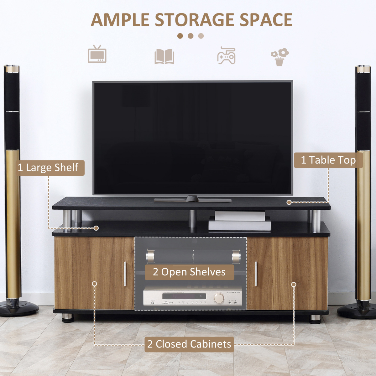 Modern Stylish TV Cabinet Stand - Space Saving Media Console in Black & Walnut