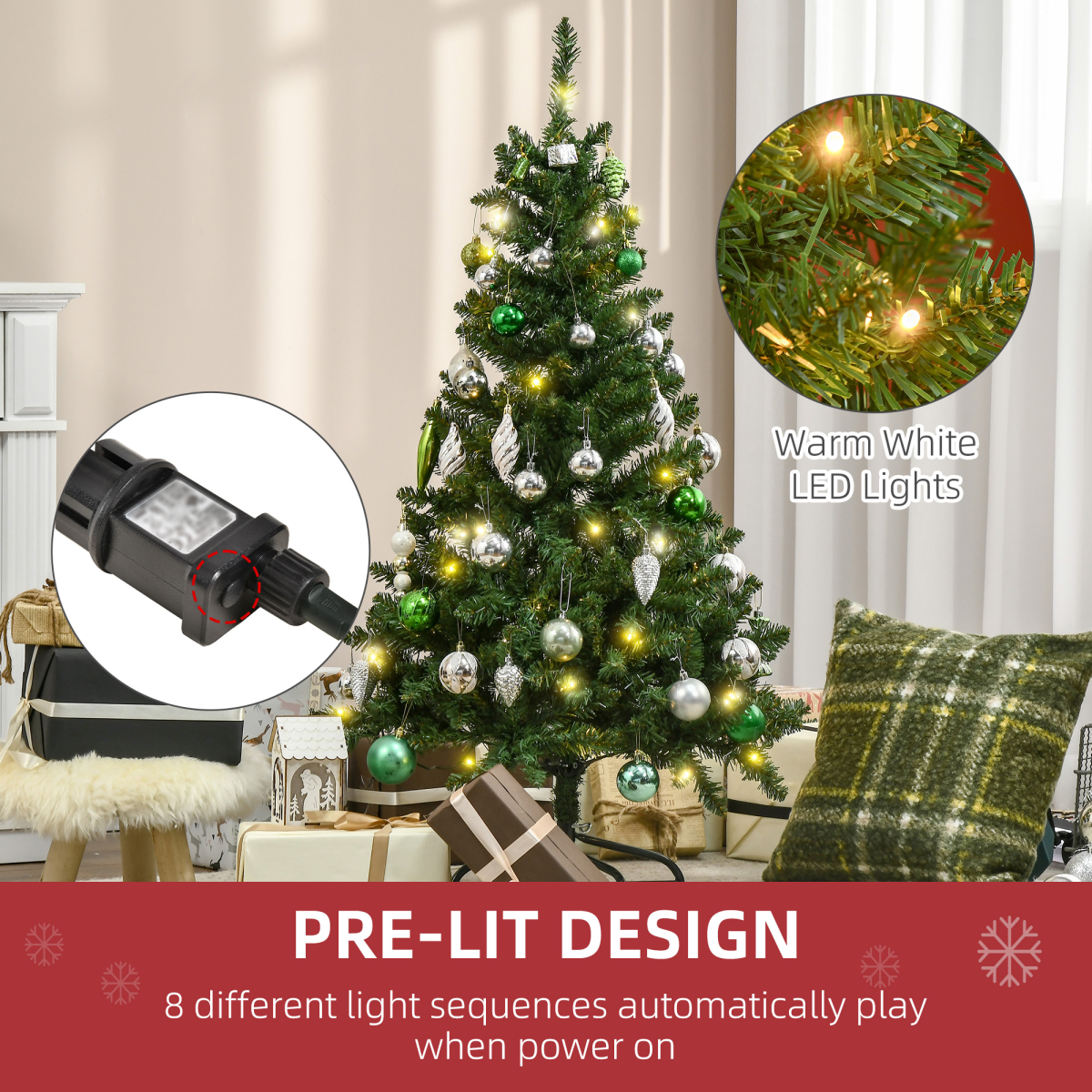 4ft Warm White LED Christmas Tree with 8 Pre-set Patterns, Green